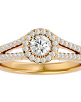 Inel de Logodnă Trio cu Diamante Naturale Halo Pavé de 0.87 ct din 18k Aur Galben - Castelo.ro