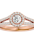 Inel de Logodnă Trio cu Diamante Naturale Halo Pavé de 0.87 ct din 18k Aur Roz - Castelo.ro