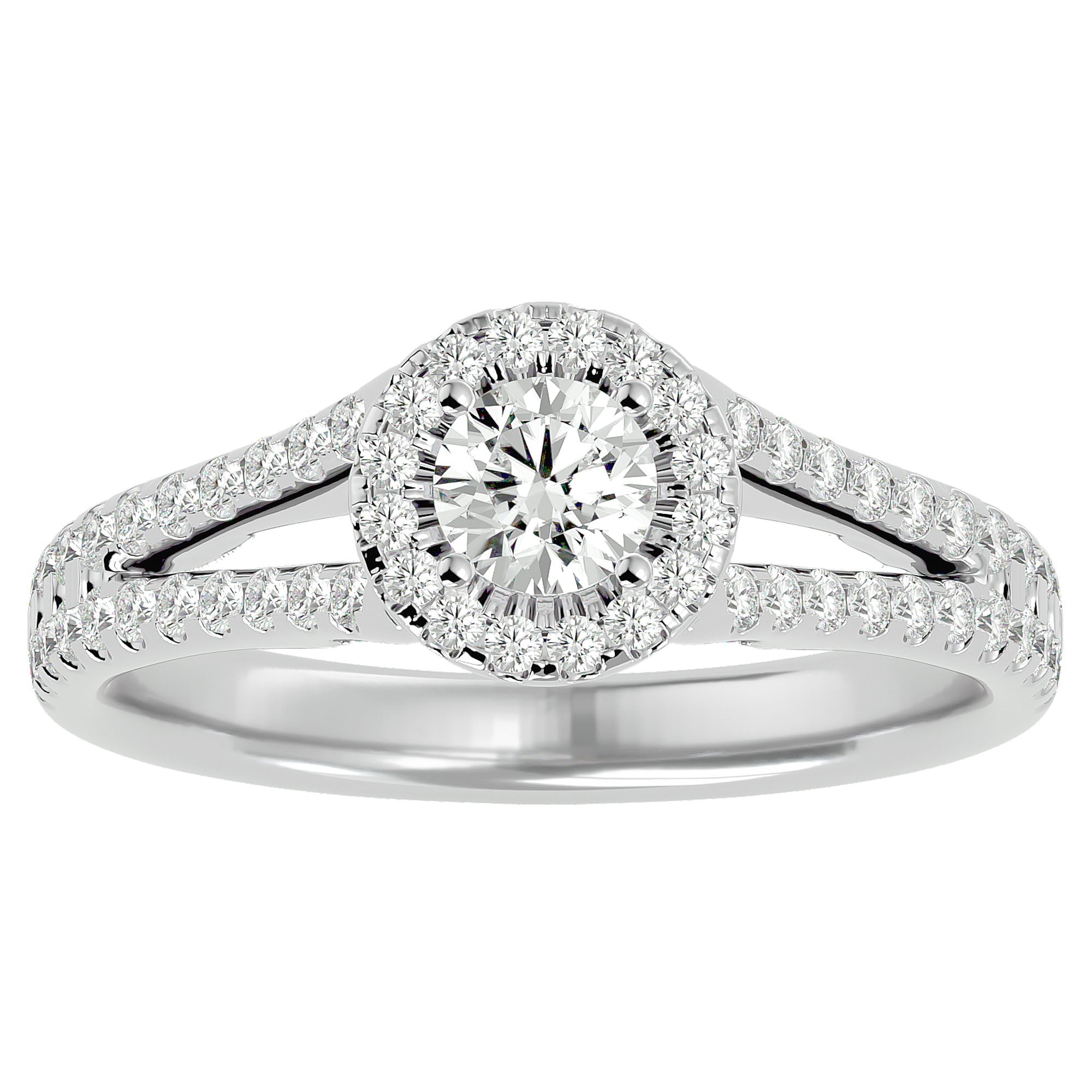 Inel de Logodnă Trio din Aur 14k cu Diamante Create în Laborator Halo Pavé de 0.87 ct din 14k Aur Alb - Castelo.ro