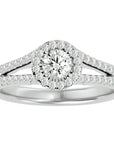 Inel de Logodnă Trio din Aur 14k cu Diamante Create în Laborator Halo Pavé de 0.87 ct din 14k Aur Alb - Castelo.ro