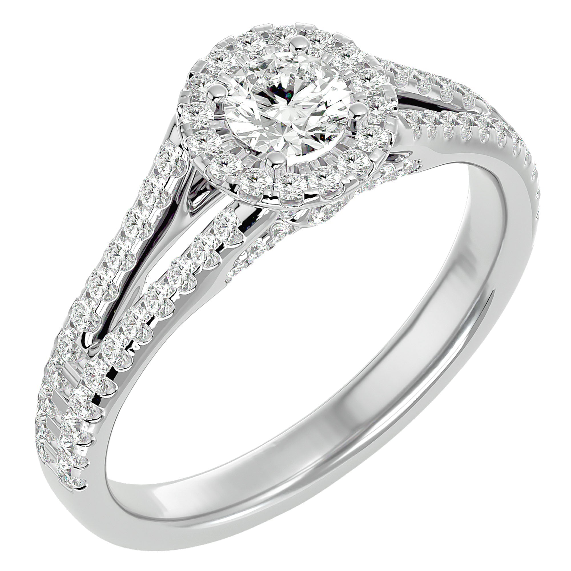 Inel de Logodnă Trio din Aur 14k cu Diamante Create în Laborator Halo Pavé de 0.87 ct din 14k Aur Alb - Castelo.ro