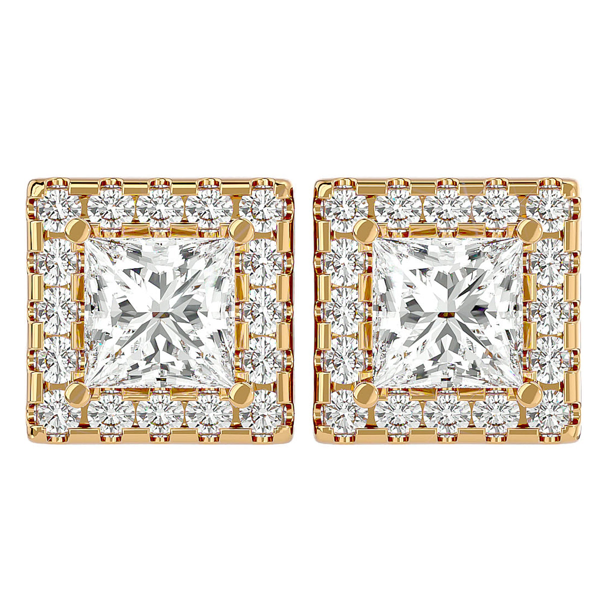 Cercei din Aur 14k cu Diamante Create în Laborator In Formă de Prințesă cu Ramă Halo de 2.15 ct din 14k Aur Galben - Castelo.ro