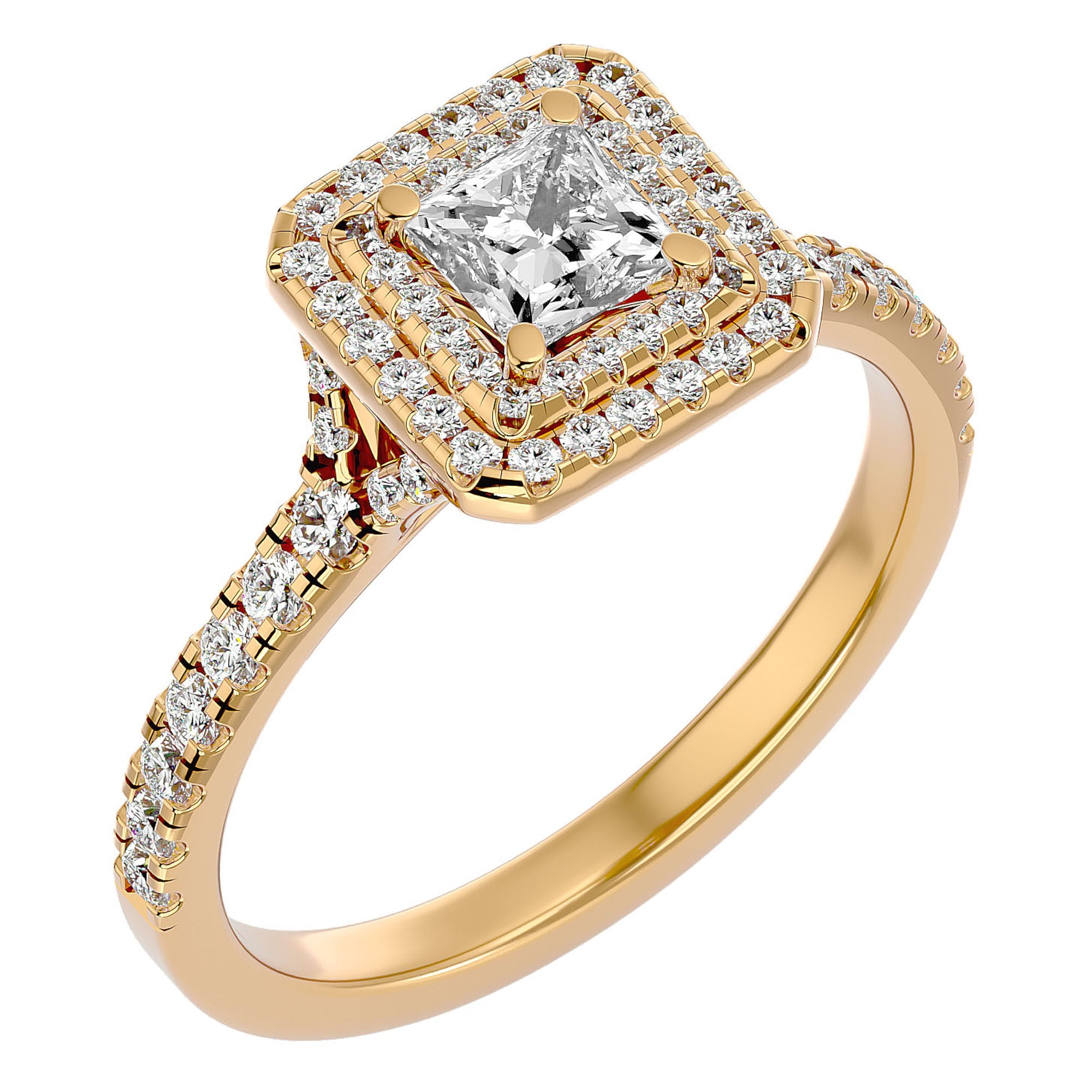 Inel Tăietură Princess Si Cadru Halo cu Moissanite de 0.95 ct din 18k Aur Galben - Castelo.ro
