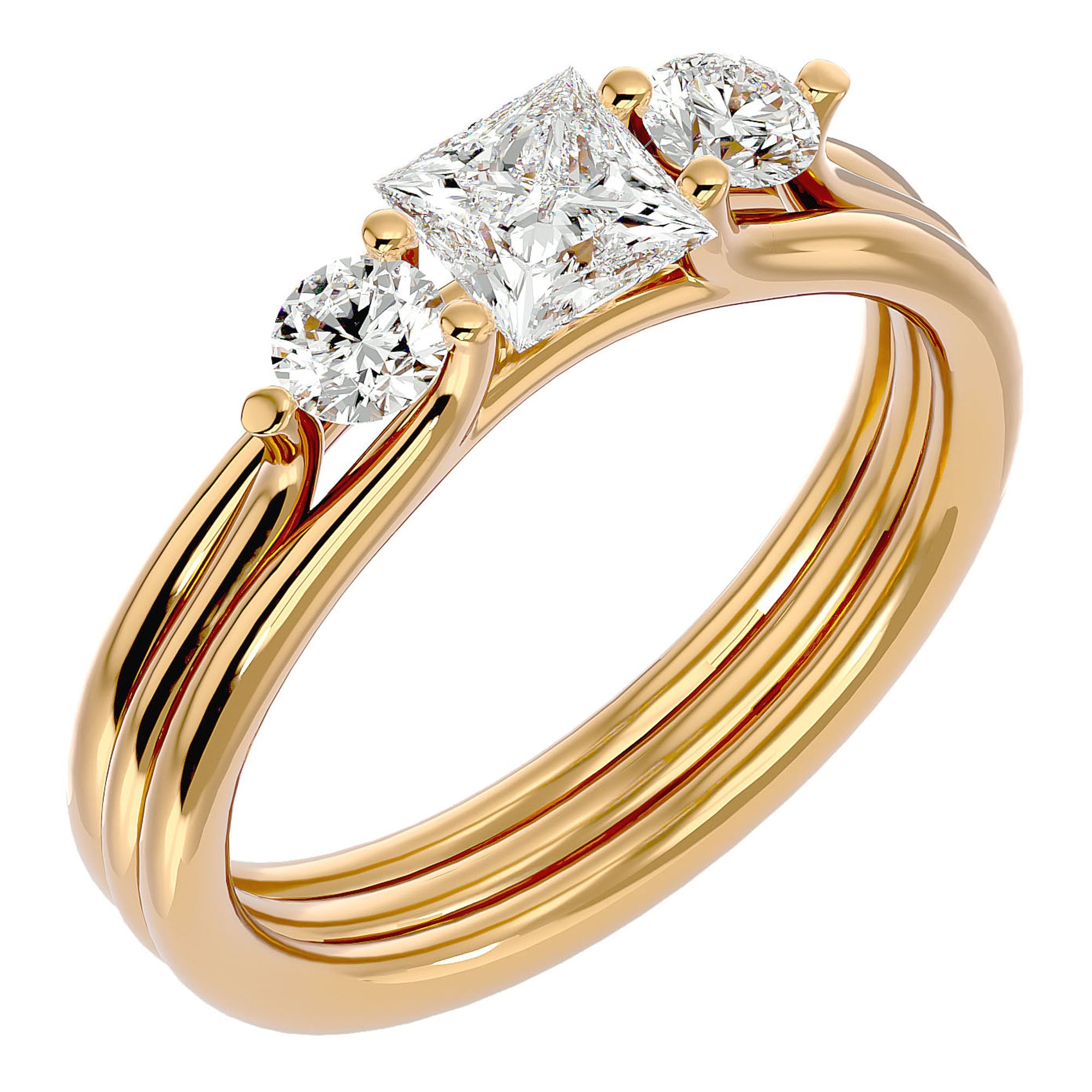 Inel Triplu de Logodnă Cu Trei Moissanite de 0.96 ct din 18k Aur Galben - Castelo.ro