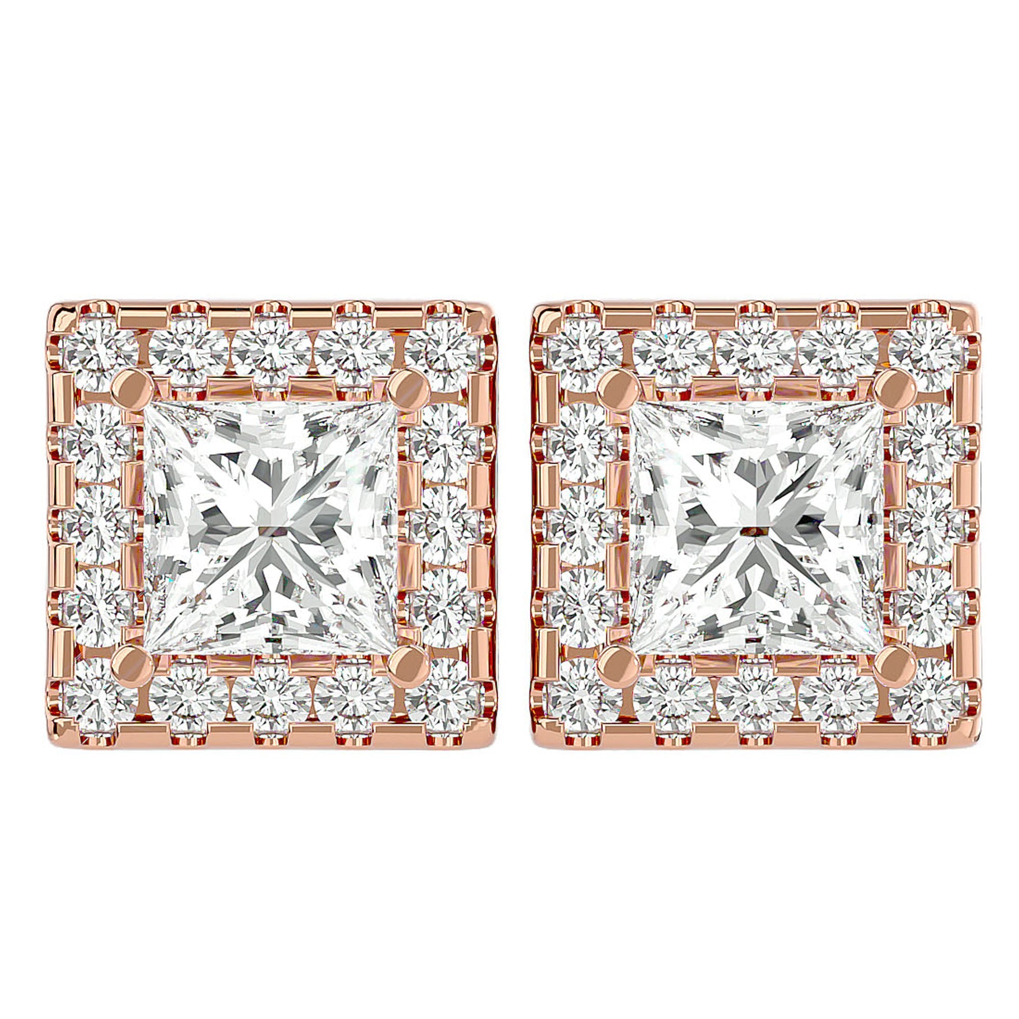 Cercei cu Diamante Naturale In Formă de Prințesă cu Ramă Halo de 2.15 ct din 18k Aur Roz - Castelo.ro