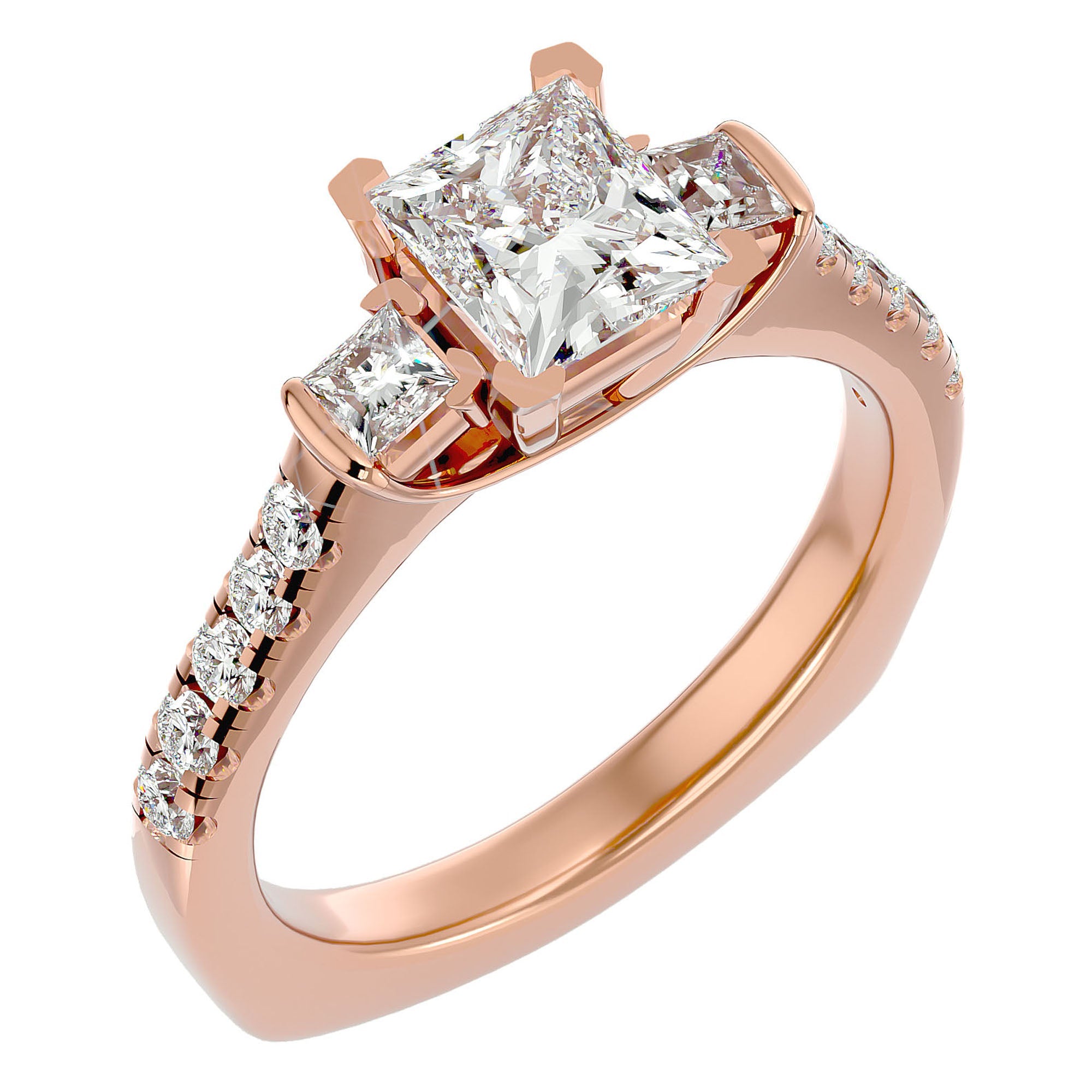 Inel de Logodnă cu Trei Diamante Naturale In Forma De Prințesă de 1.72 ct din 18k Aur Roz - Castelo.ro