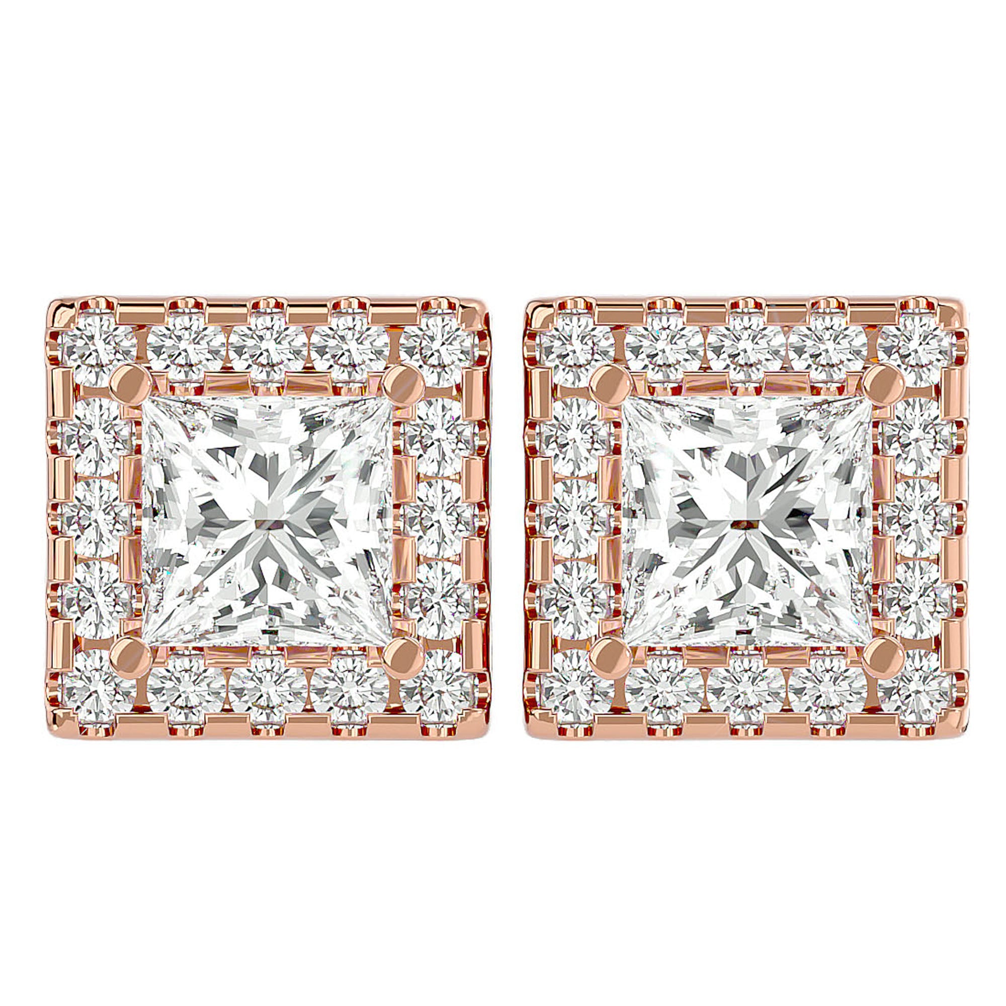 Cercei din Aur 14k cu Diamante Create în Laborator In Formă de Prințesă cu Ramă Halo de 2.15 ct din 14k Aur Roz - Castelo.ro