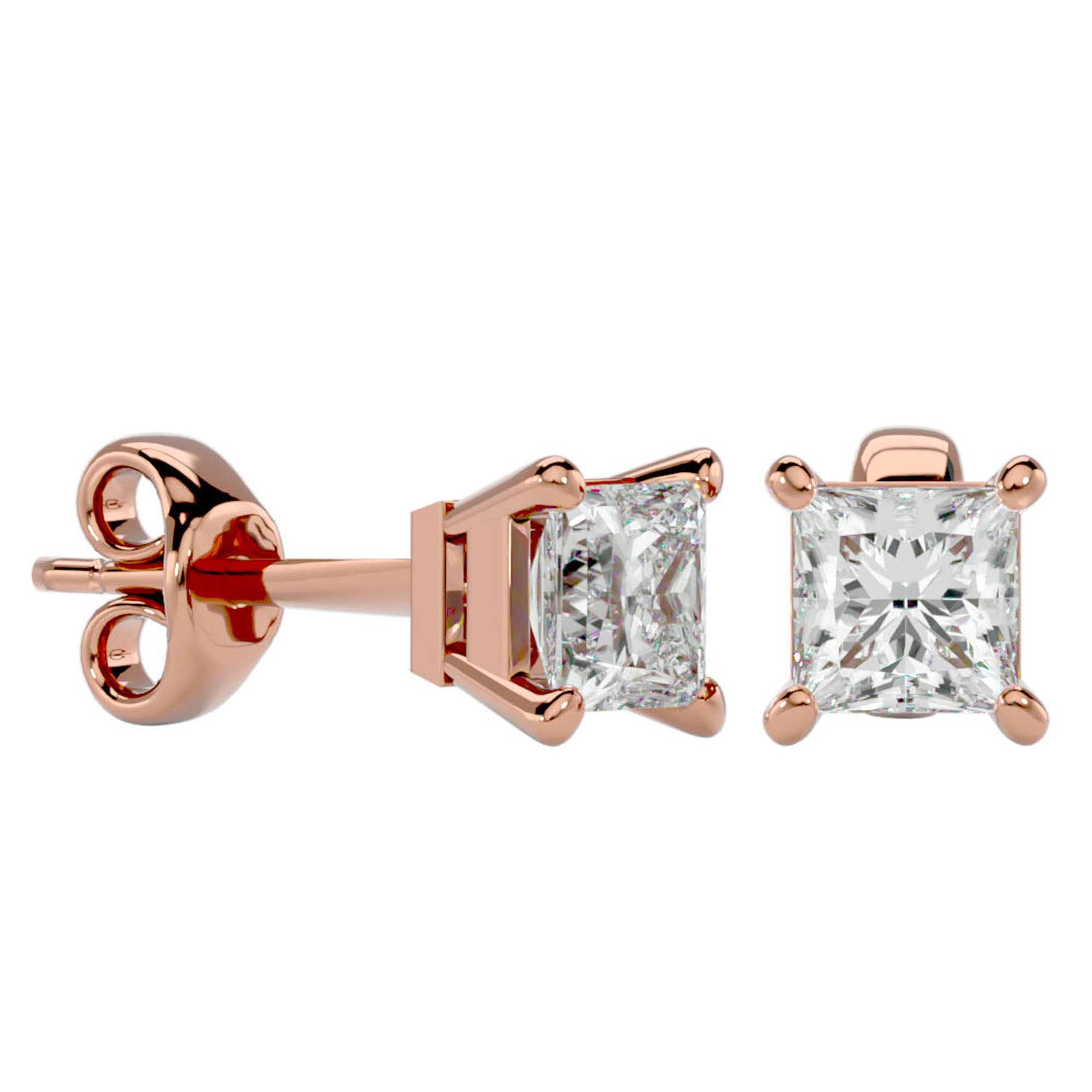 Cercei Stud Montură Prințesă cu Diamant Natural de 1 ct din 18k Aur Roz - Castelo.ro