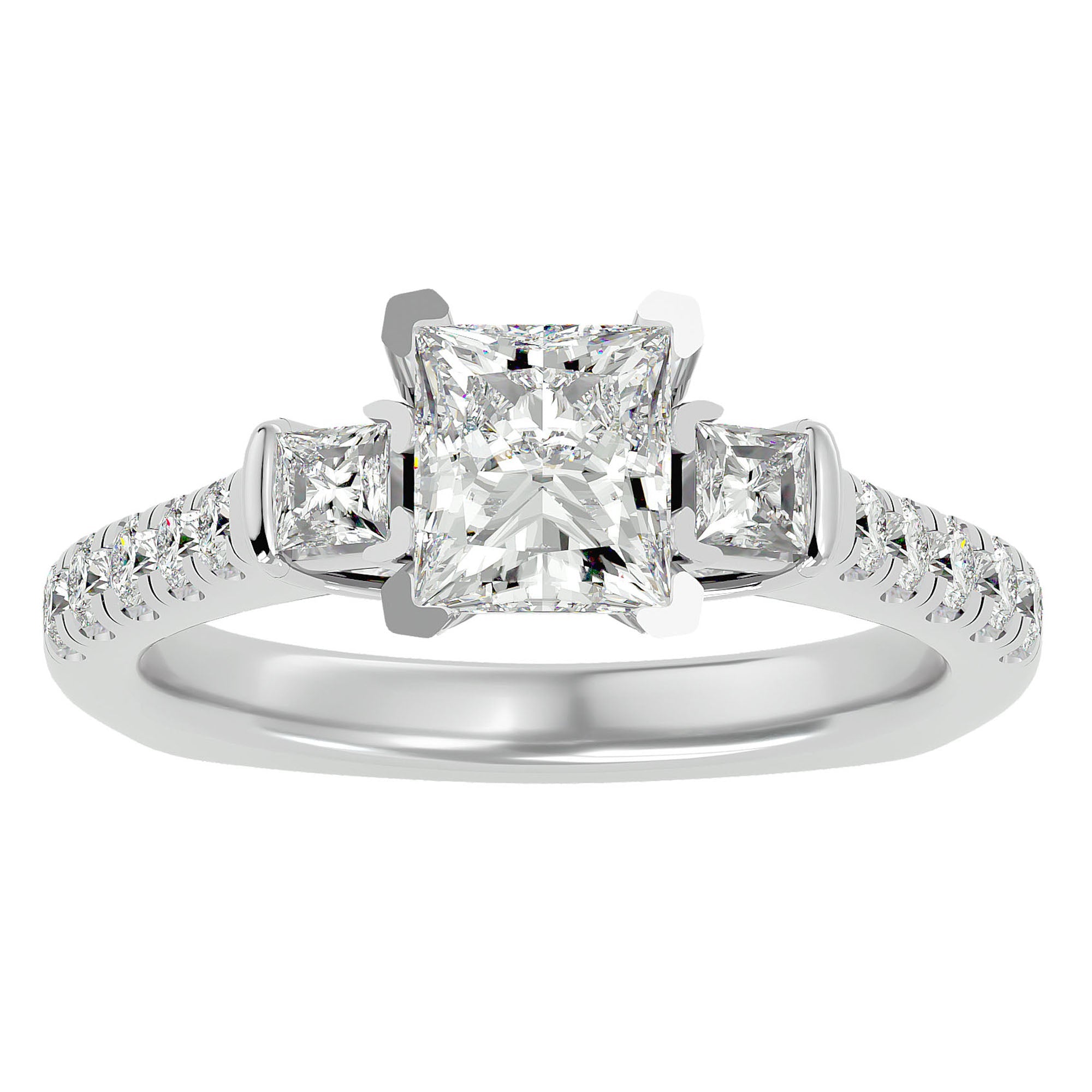 Inel de Logodnă cu Trei Moissanite In Forma De Prințesă de 1.72 ct din Platina - Castelo.ro