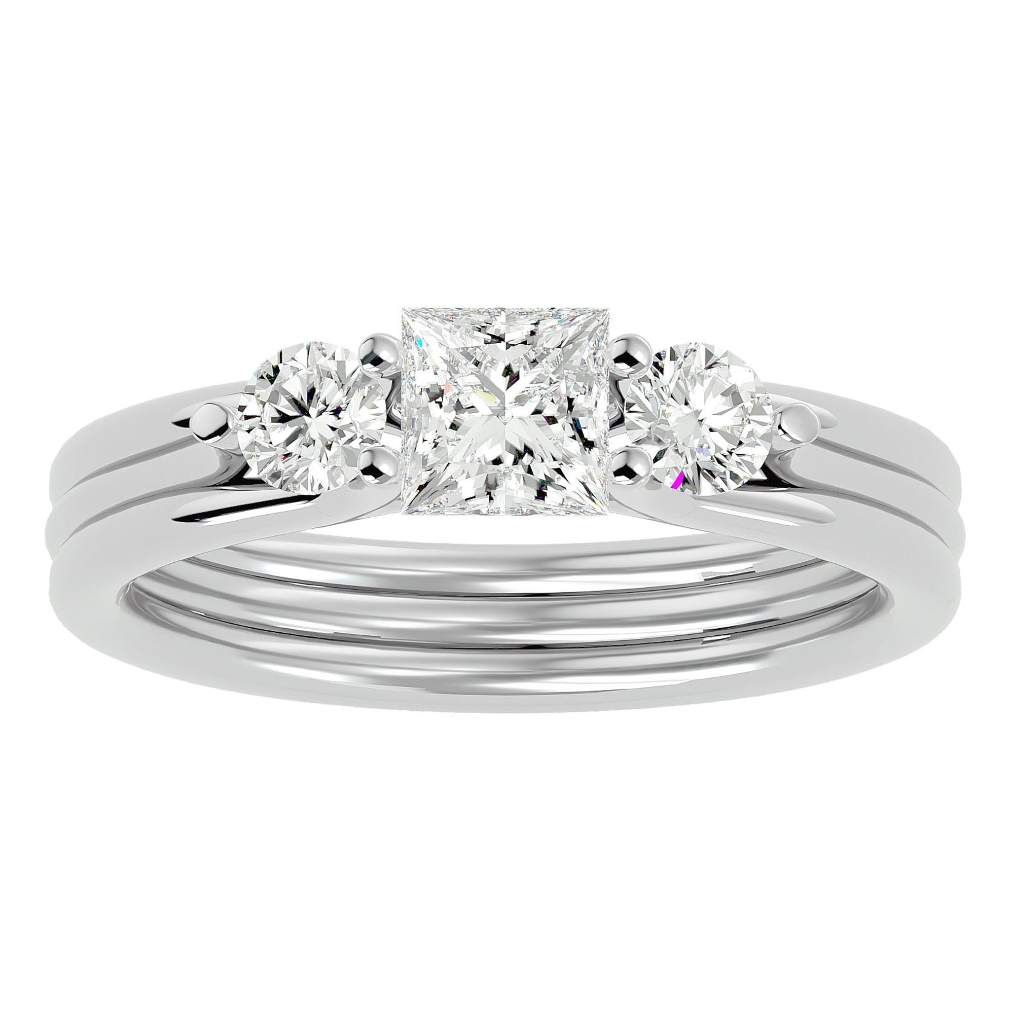 Inel Triplu de Logodnă din Aur 14k Cu Trei Diamante Create în Laborator de 0.96 ct din 14k Aur Alb - Castelo.ro