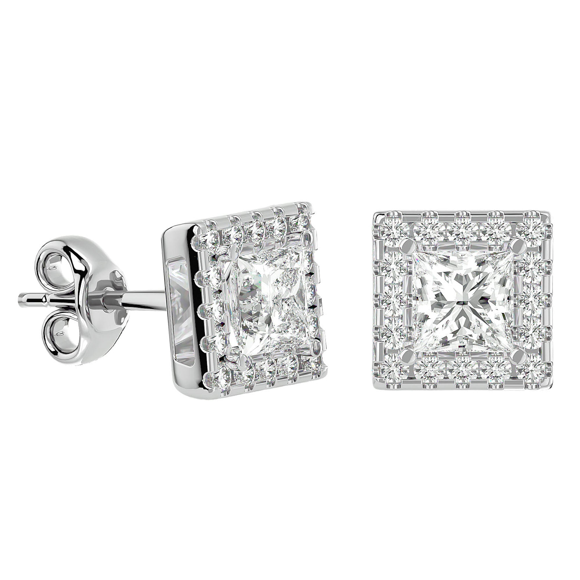 Cercei din Aur 14k cu Diamante Create în Laborator In Formă de Prințesă cu Ramă Halo de 2.15 ct din 14k Aur Alb - Castelo.ro