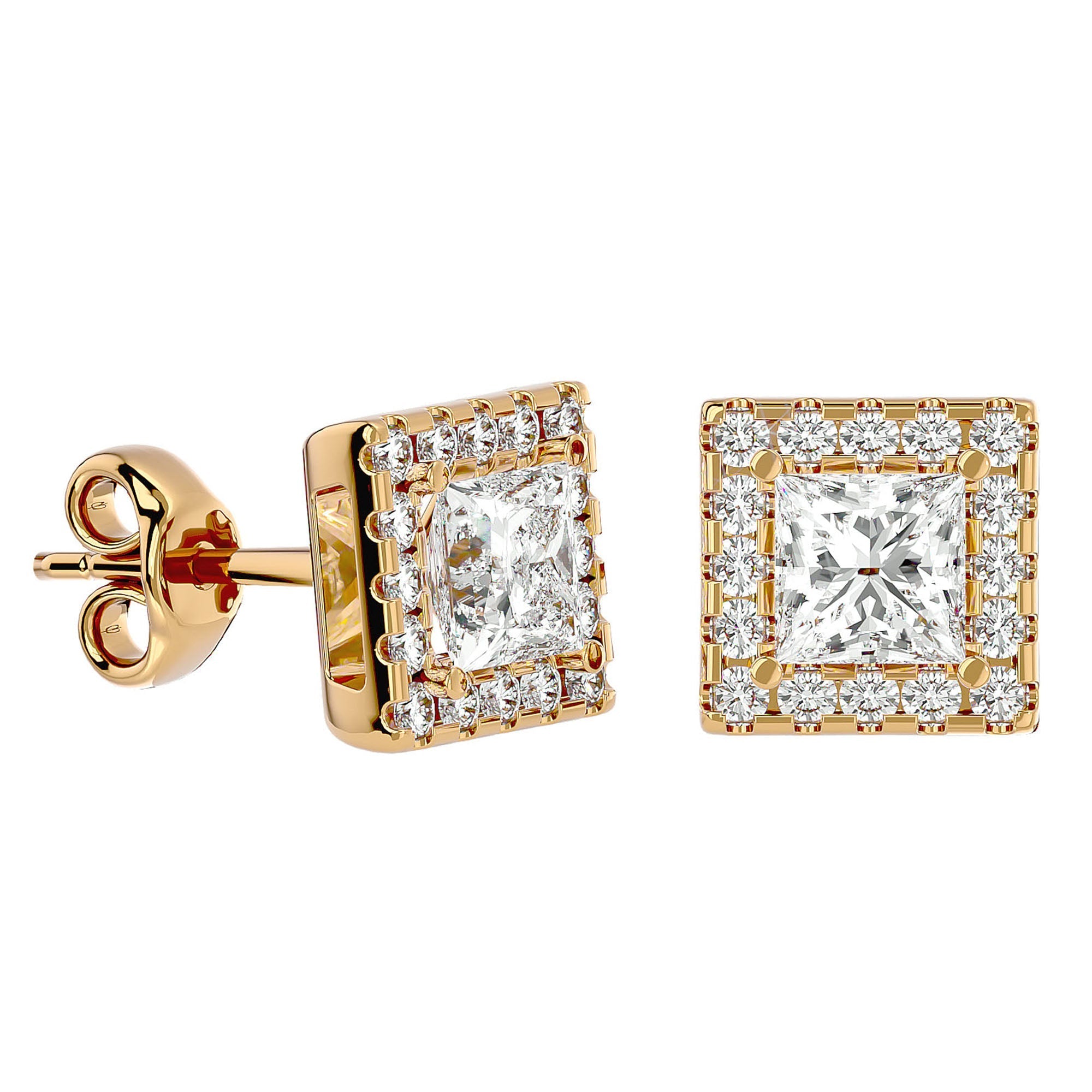 Cercei cu Diamante Naturale In Formă de Prințesă cu Ramă Halo de 2.15 ct din 18k Aur Galben - Castelo.ro
