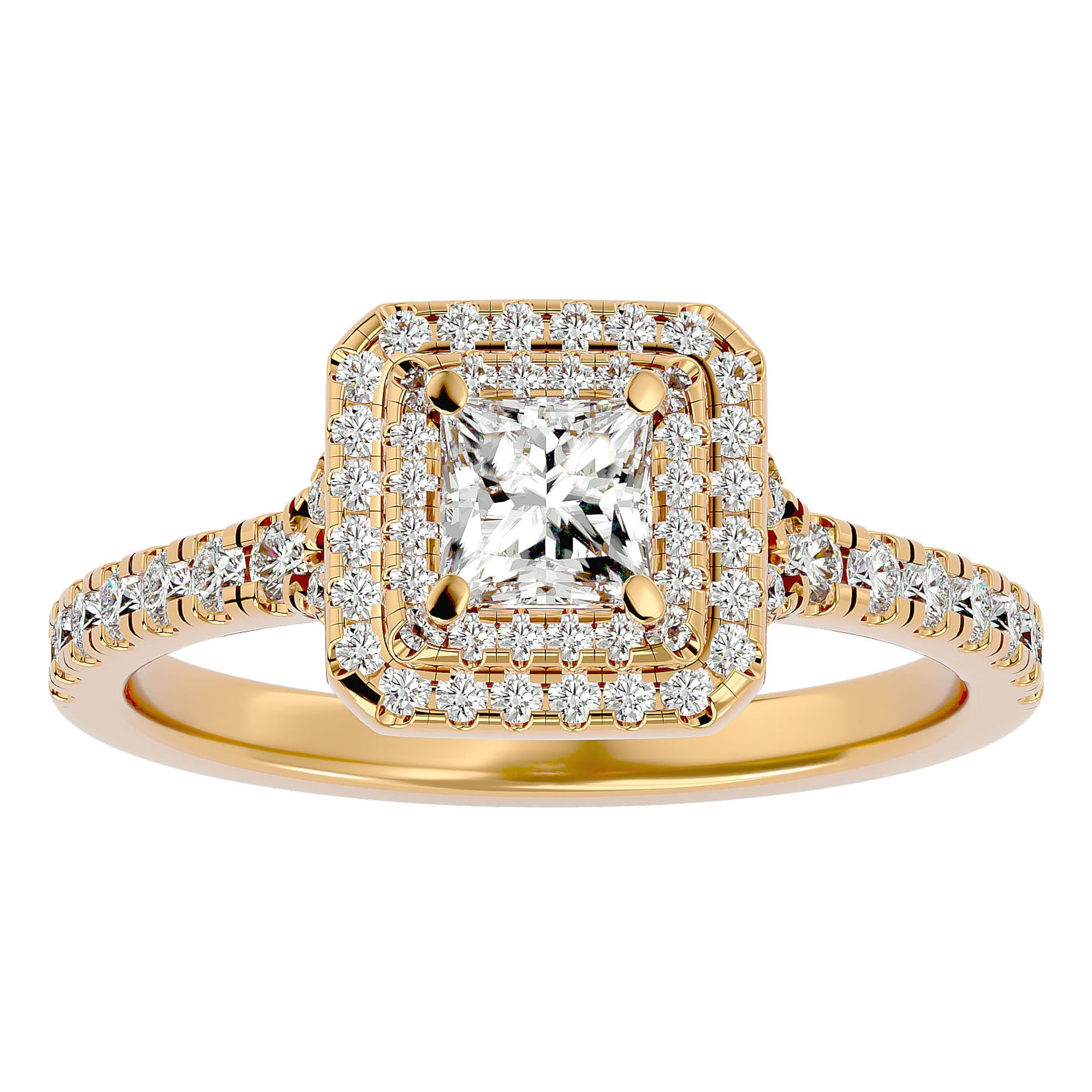 Inel Tăietură Princess Si Cadru Halo cu Moissanite de 0.95 ct din 18k Aur Galben - Castelo.ro