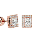 Cercei din Aur 14k cu Diamante Create în Laborator In Formă de Prințesă cu Ramă Halo de 2.15 ct din 14k Aur Roz - Castelo.ro