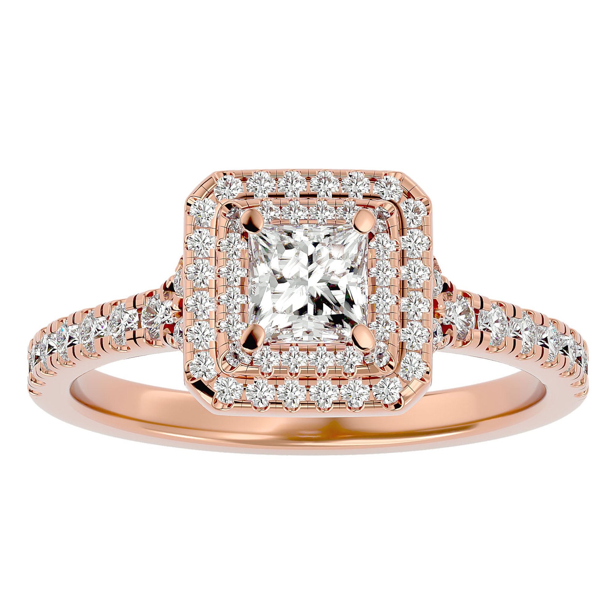 Inel Tăietură Princess Si Cadru Halo din Aur 14k cu Diamante Naturale de 0.95 ct din 14k Aur Roz - Castelo.ro
