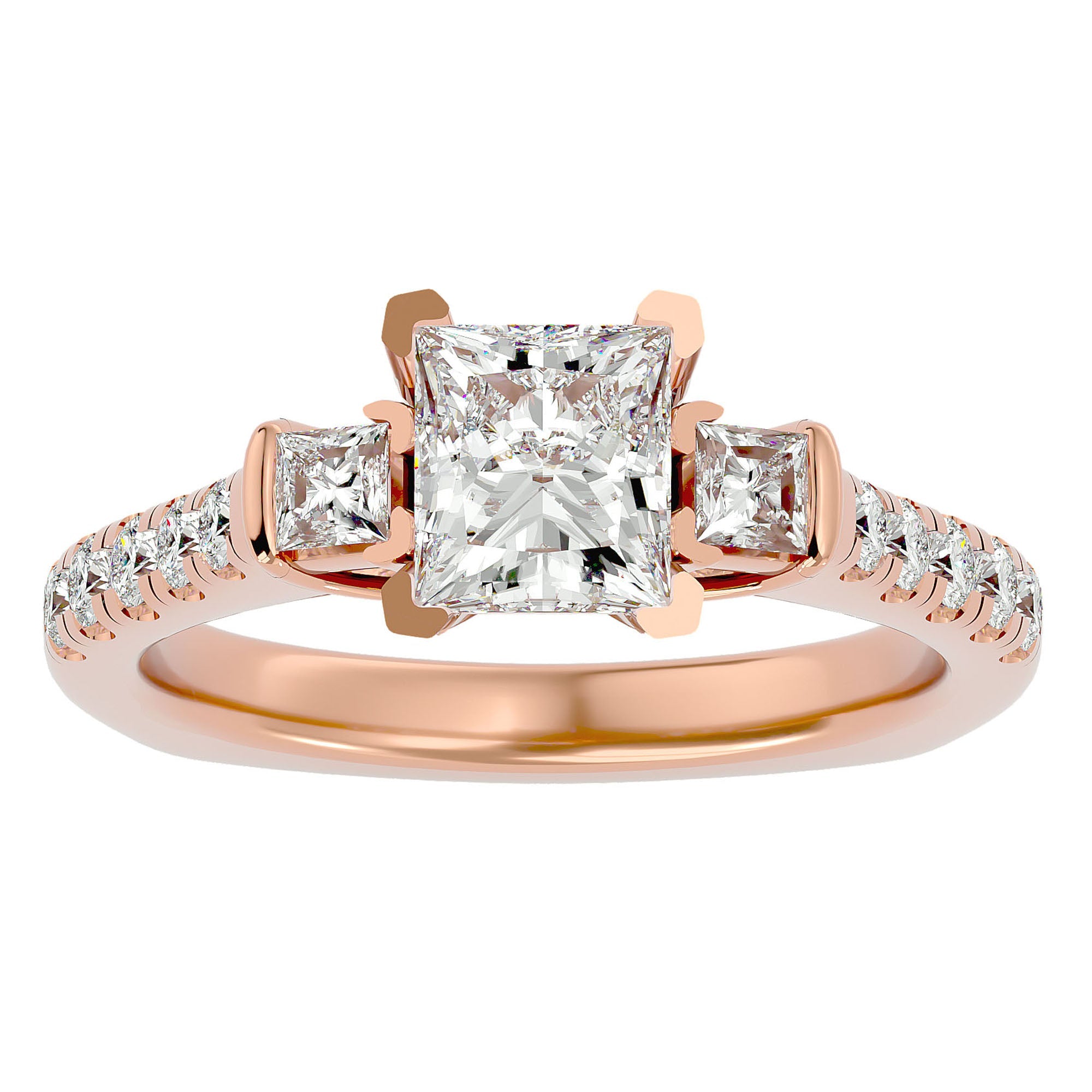 Inel de Logodnă cu Trei Diamante Naturale In Forma De Prințesă de 1.72 ct din 18k Aur Roz - Castelo.ro