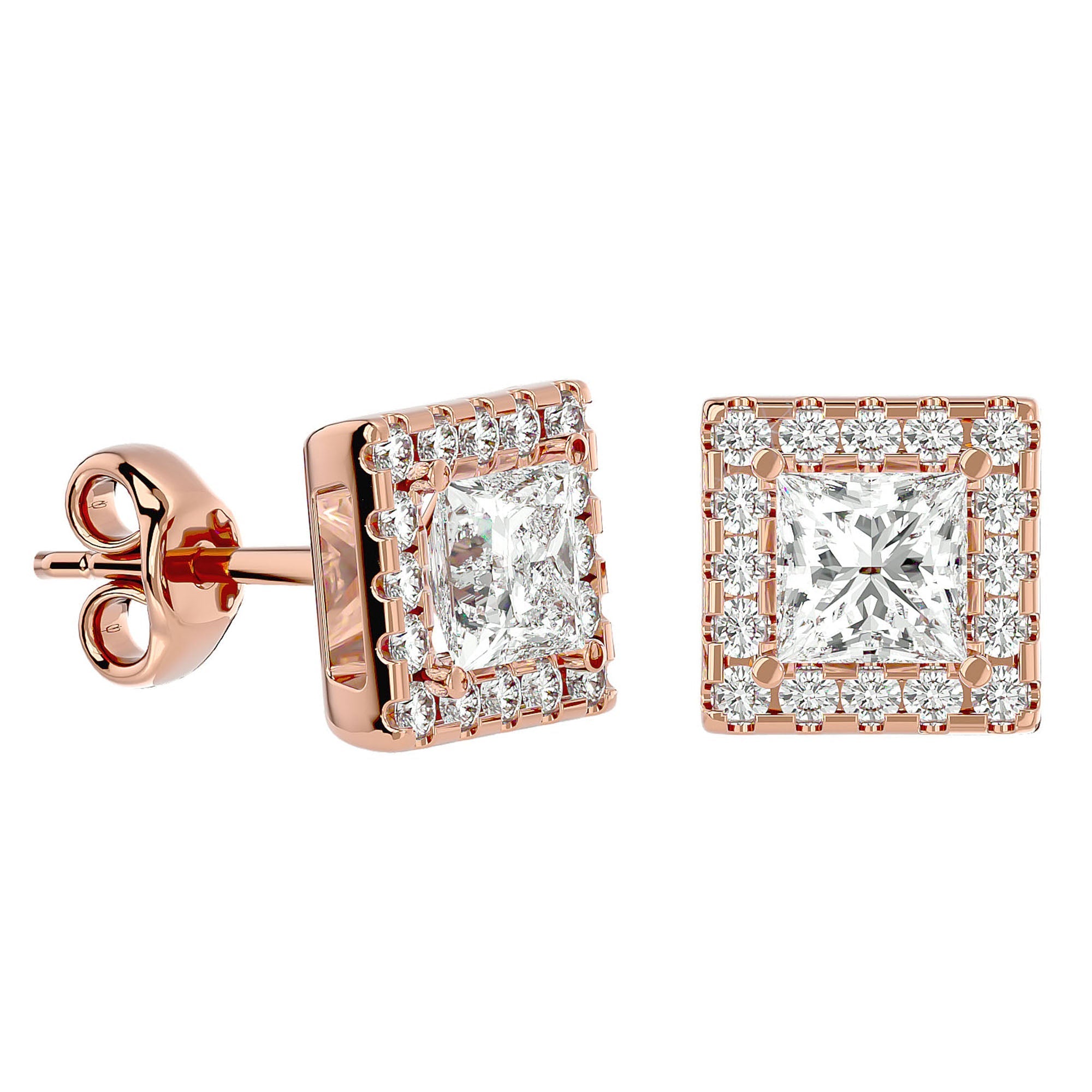 Cercei cu Diamante Naturale In Formă de Prințesă cu Ramă Halo de 2.15 ct din 18k Aur Roz - Castelo.ro