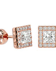Cercei cu Diamante Naturale In Formă de Prințesă cu Ramă Halo de 2.15 ct din 18k Aur Roz - Castelo.ro