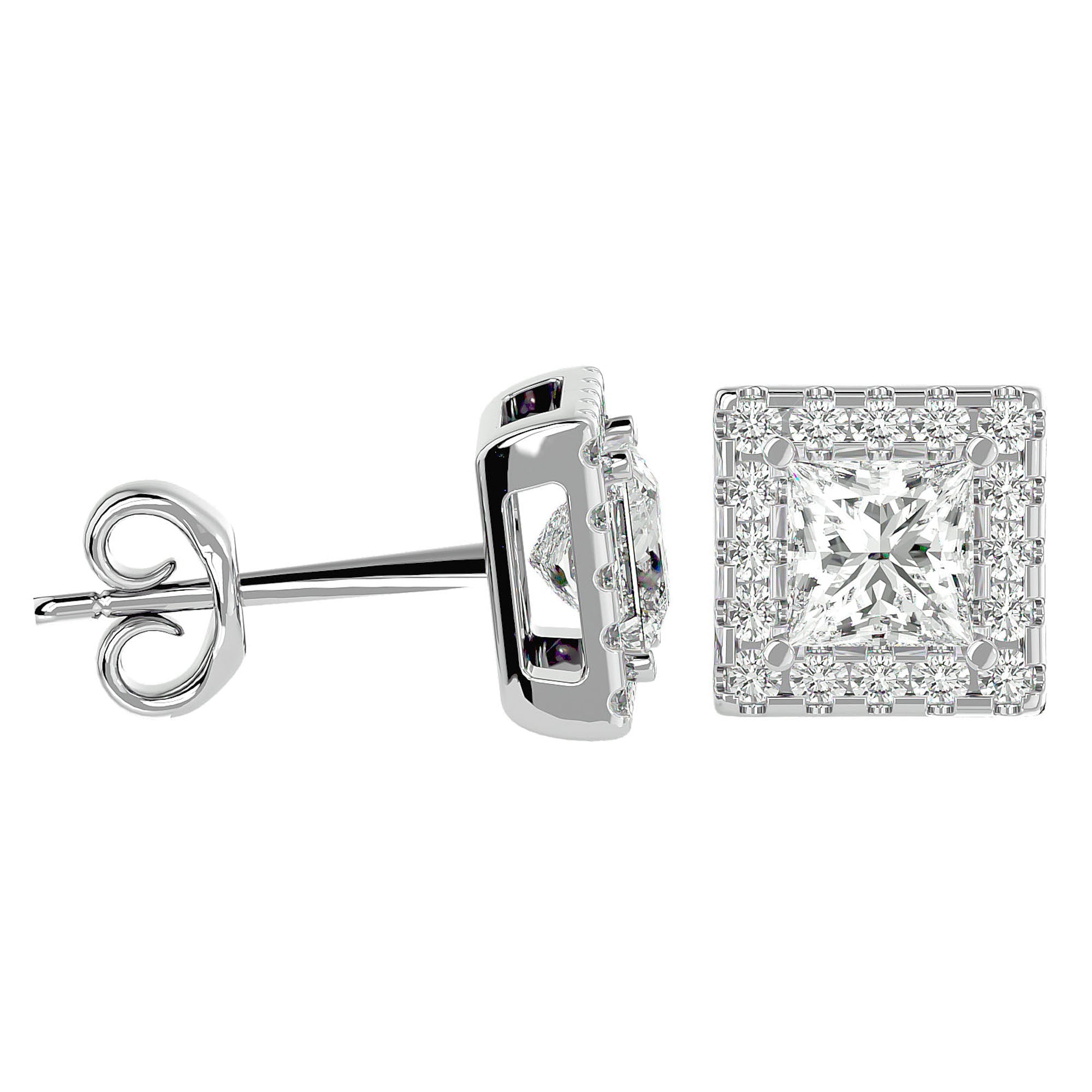 Cercei din Aur 14k cu Diamante Create în Laborator In Formă de Prințesă cu Ramă Halo de 2.15 ct din 14k Aur Alb - Castelo.ro