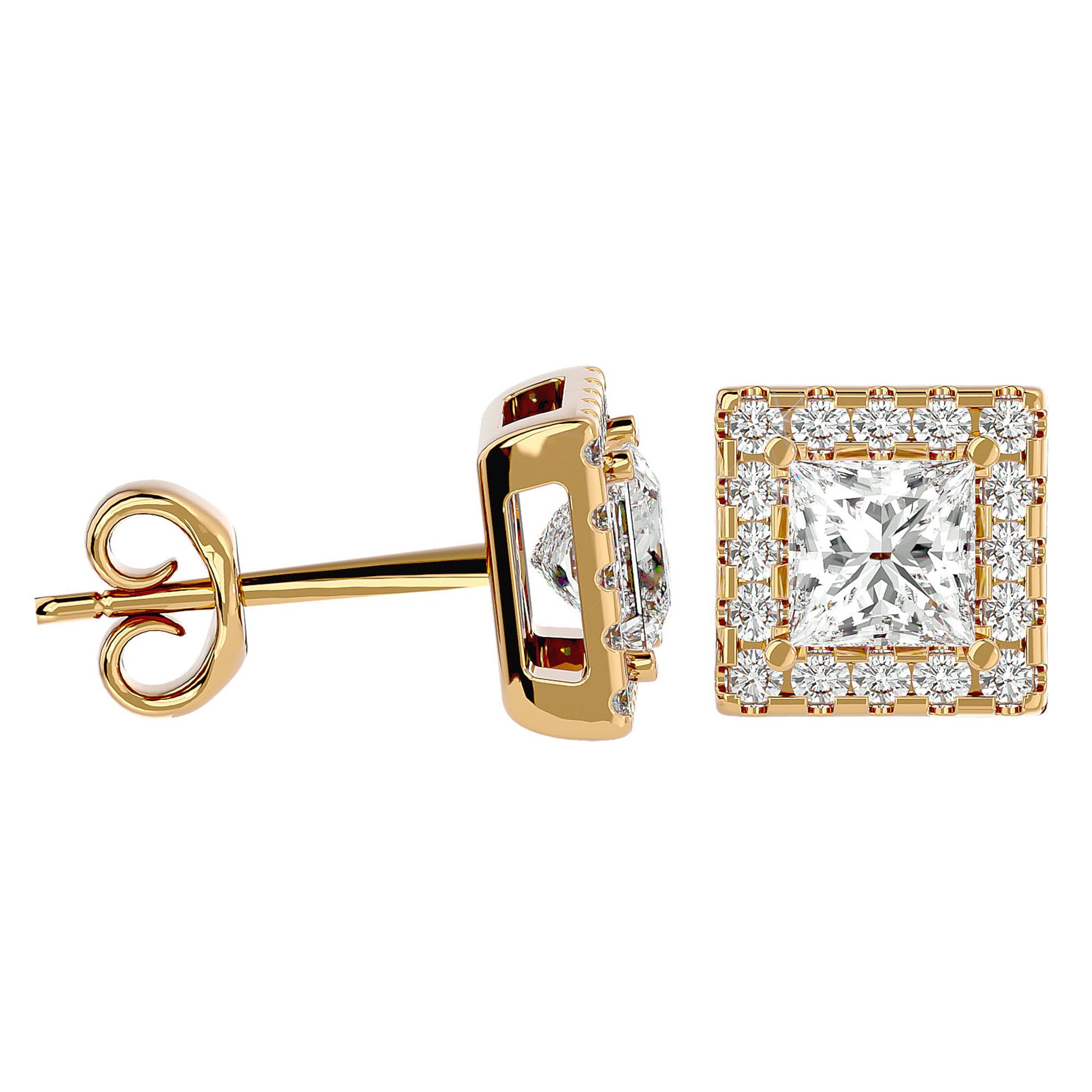Cercei din Aur 14k cu Diamante Create în Laborator In Formă de Prințesă cu Ramă Halo de 2.15 ct din 14k Aur Galben - Castelo.ro