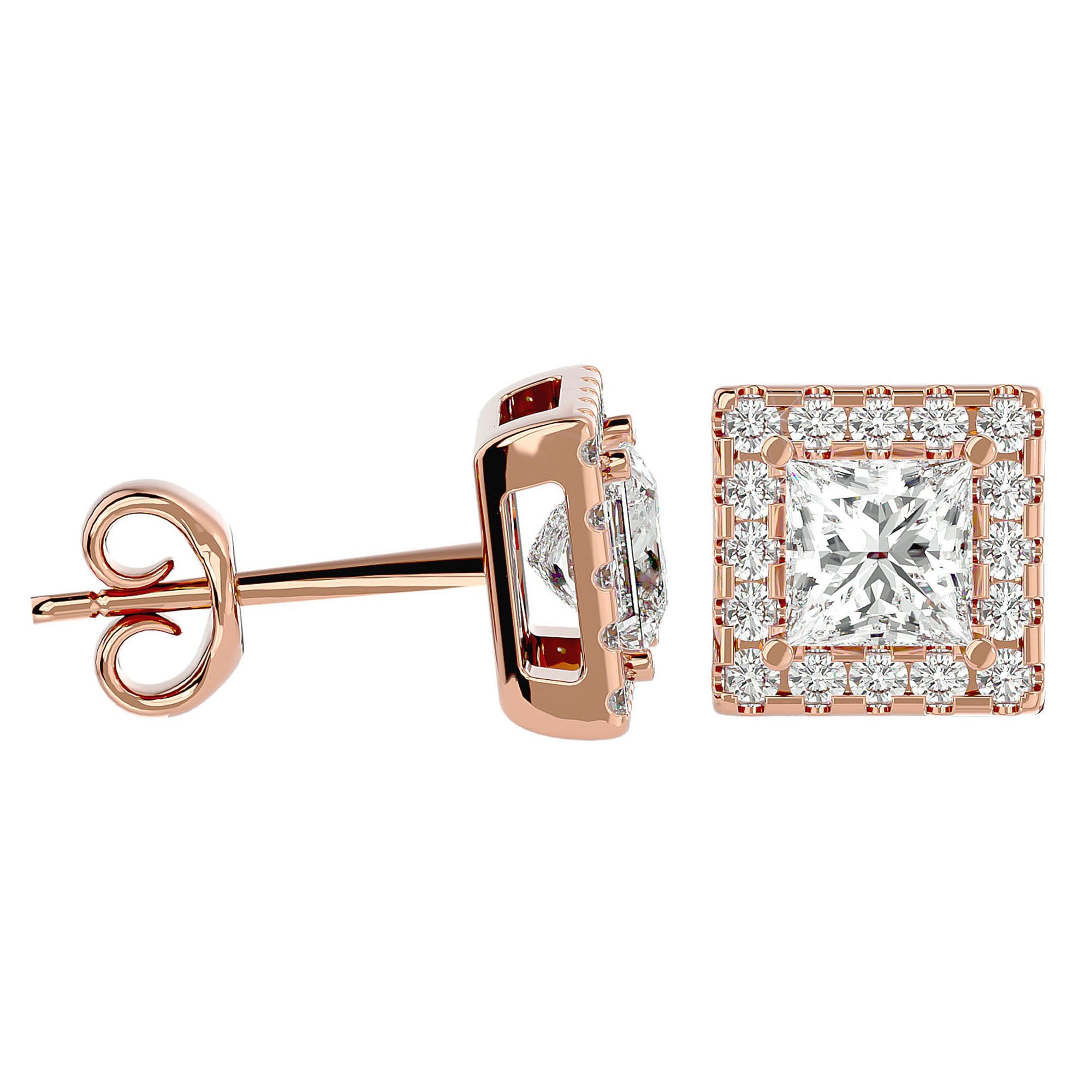 Cercei din Aur 14k cu Diamante Create în Laborator In Formă de Prințesă cu Ramă Halo de 2.15 ct din 14k Aur Roz - Castelo.ro
