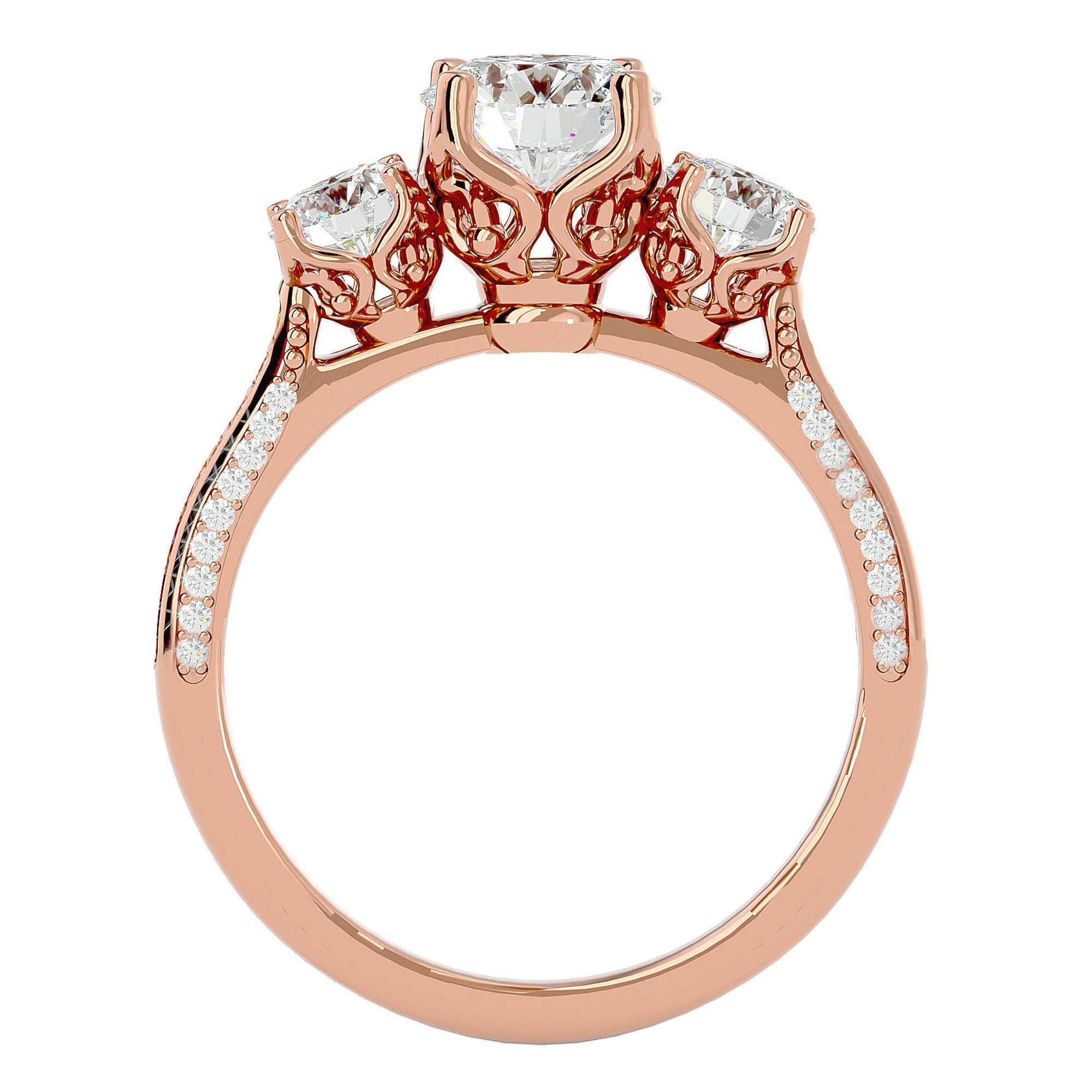 Inel de Logodnă cu Trei Diamante Create în Laborator Solitaire Pavè de 1.90 ct din 18k Aur Roz - Castelo.ro