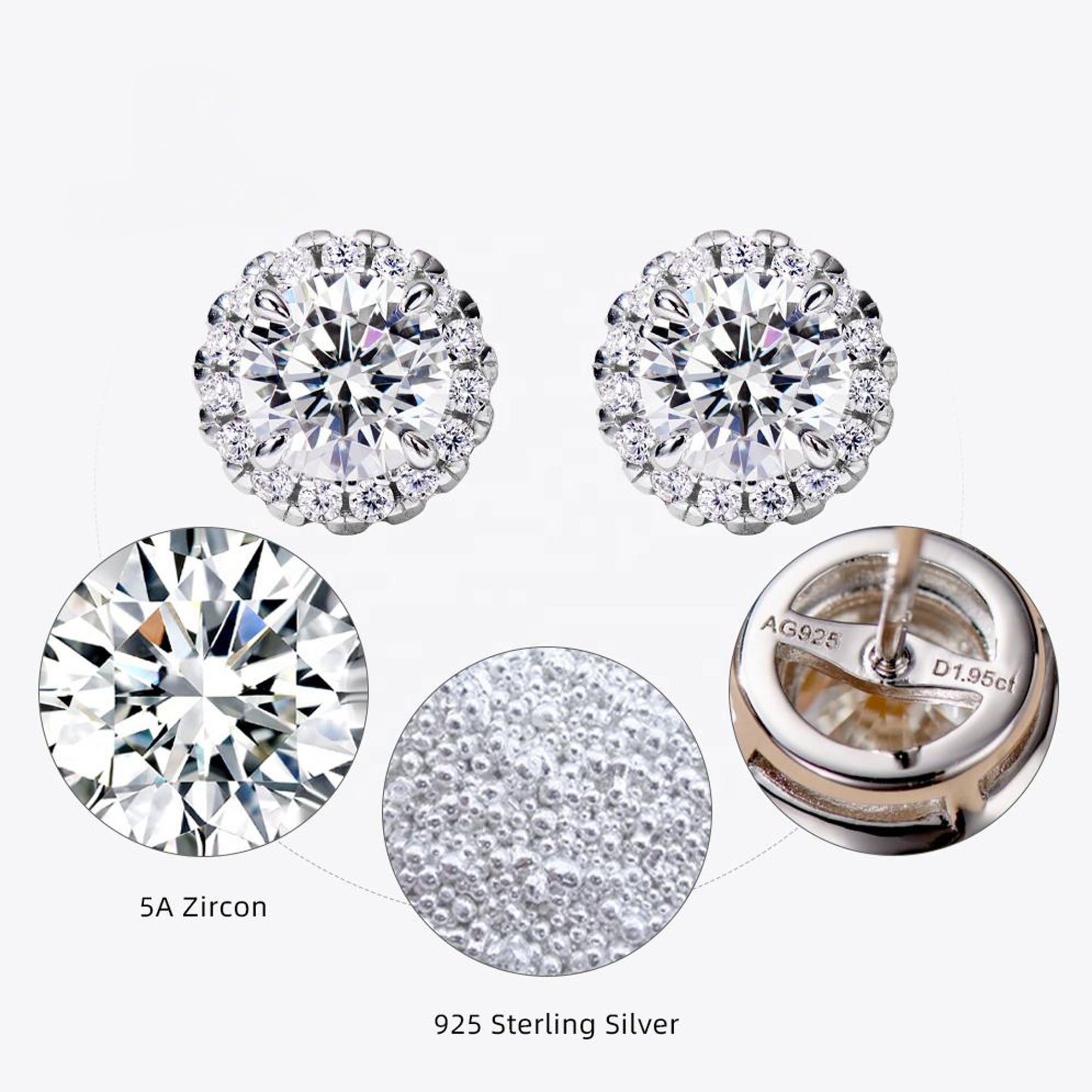 Cercei Stud Halo Strălucitori din Argint 925 Placat cu Rodiu și Zirconiu 5A din - Castelo.ro