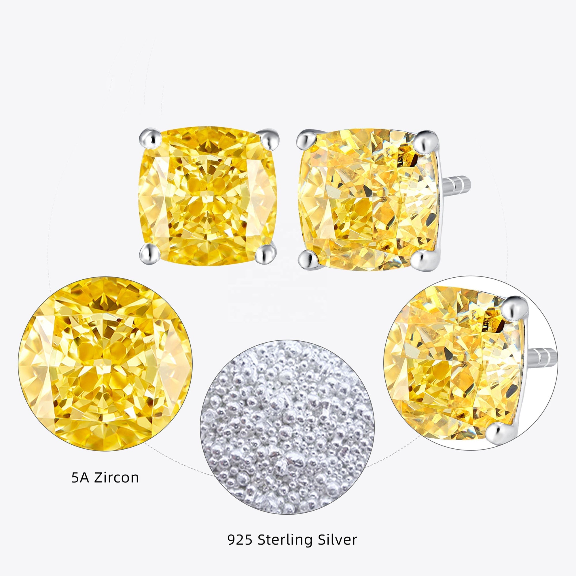 Cercei Stud cu Piatră Galbenă Tăietură Pernă din Argint S925 Placat cu Rodiu și Zircon 5A din - Castelo.ro