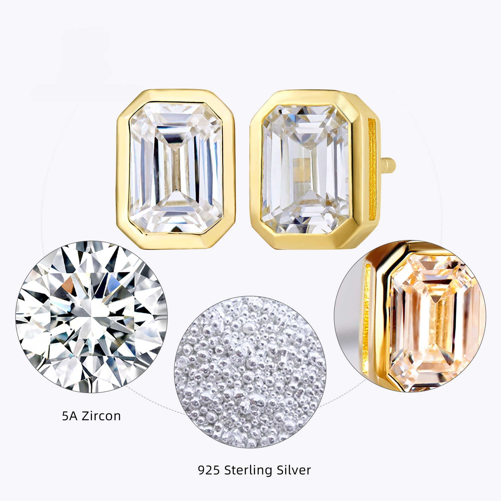 Cercei Stud Rectangulari cu Tăietură Asscher din Argint 925 Placat cu Aur și Zirconiu 5A din - Castelo.ro