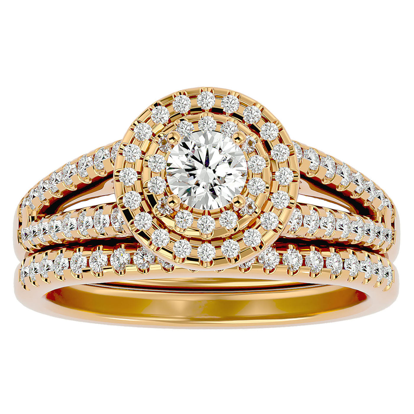 Inel de Logodnă Triplu Halo din Aur 14k cu Diamante Naturale Pavè 0.88 ct din 14k Aur Galben - Castelo.ro