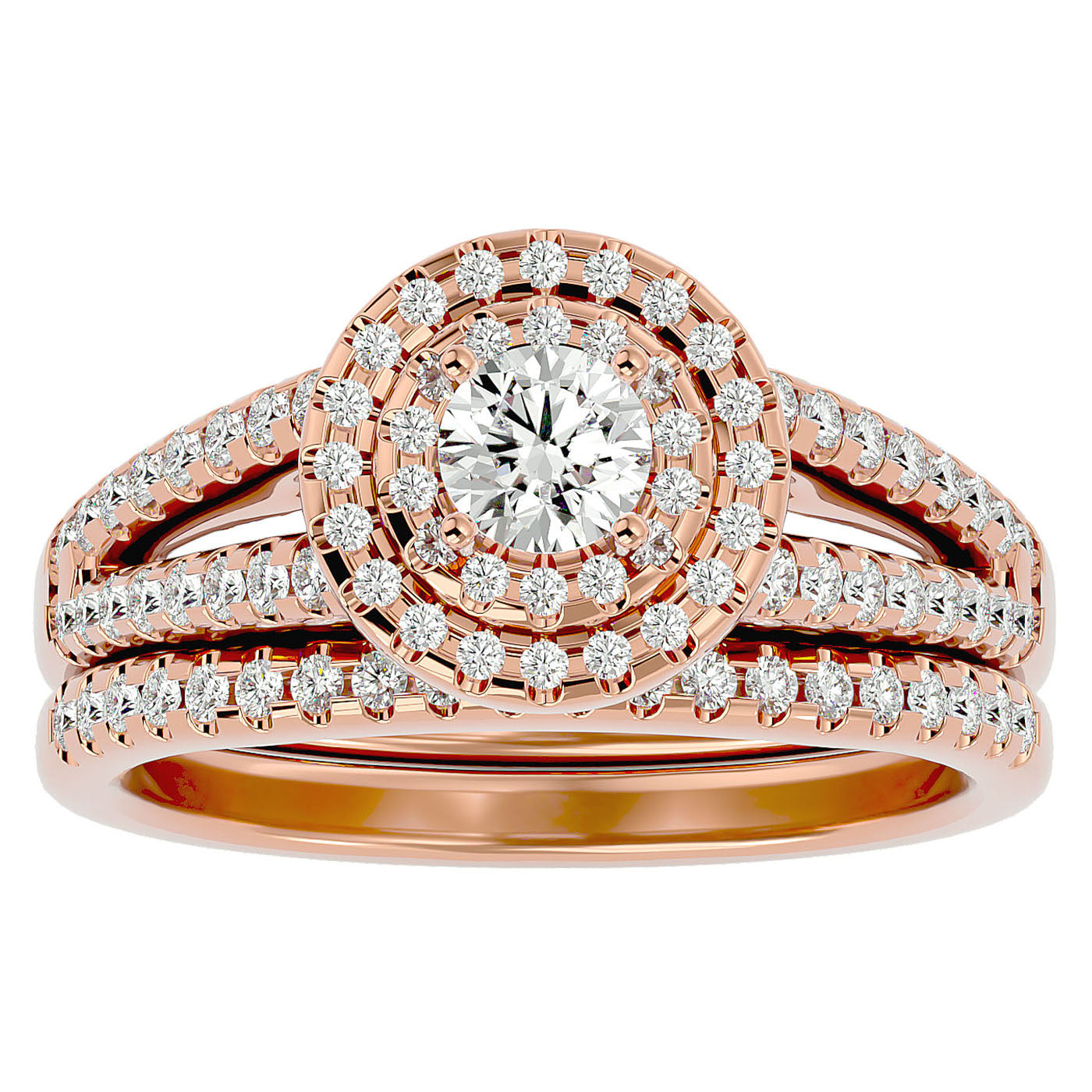 Inel de Logodnă Triplu Halo din Aur 14k cu Diamante Naturale Pavè 0.88 ct din 14k Aur Roz - Castelo.ro