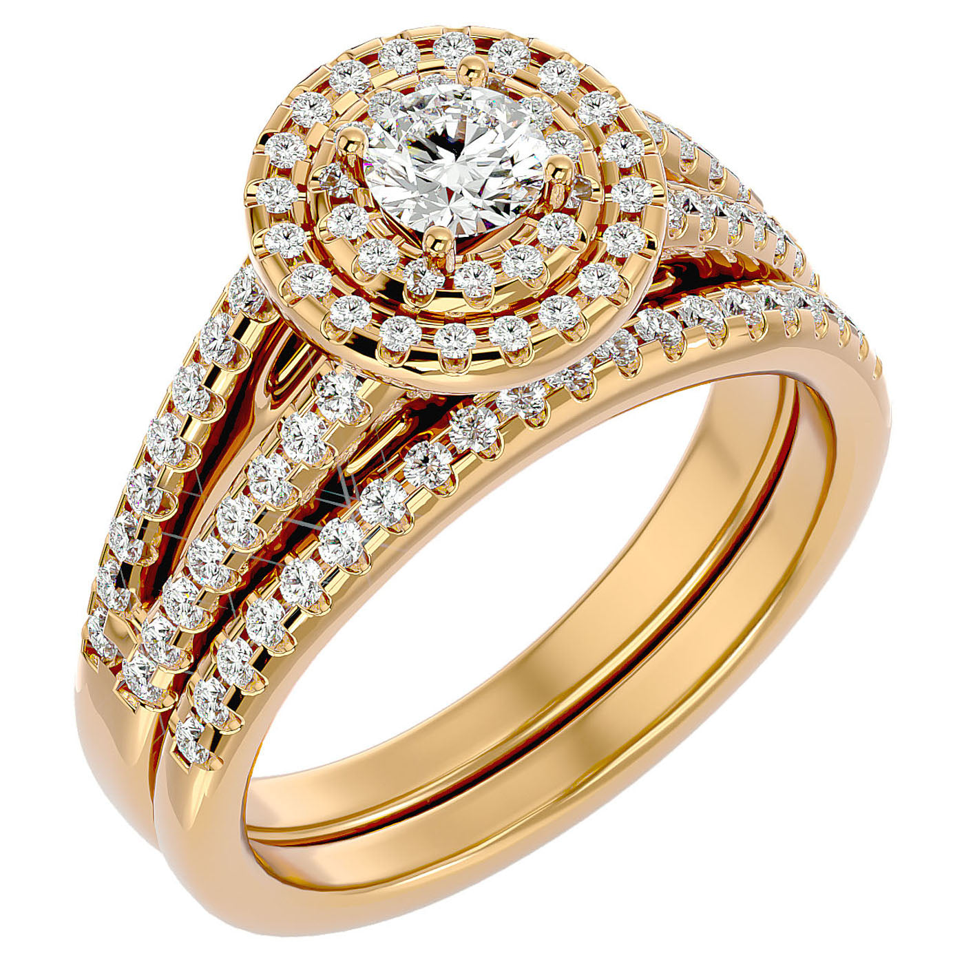 Inel de Logodnă Triplu Halo din Aur 14k cu Diamante Naturale Pavè 0.88 ct din 14k Aur Galben - Castelo.ro