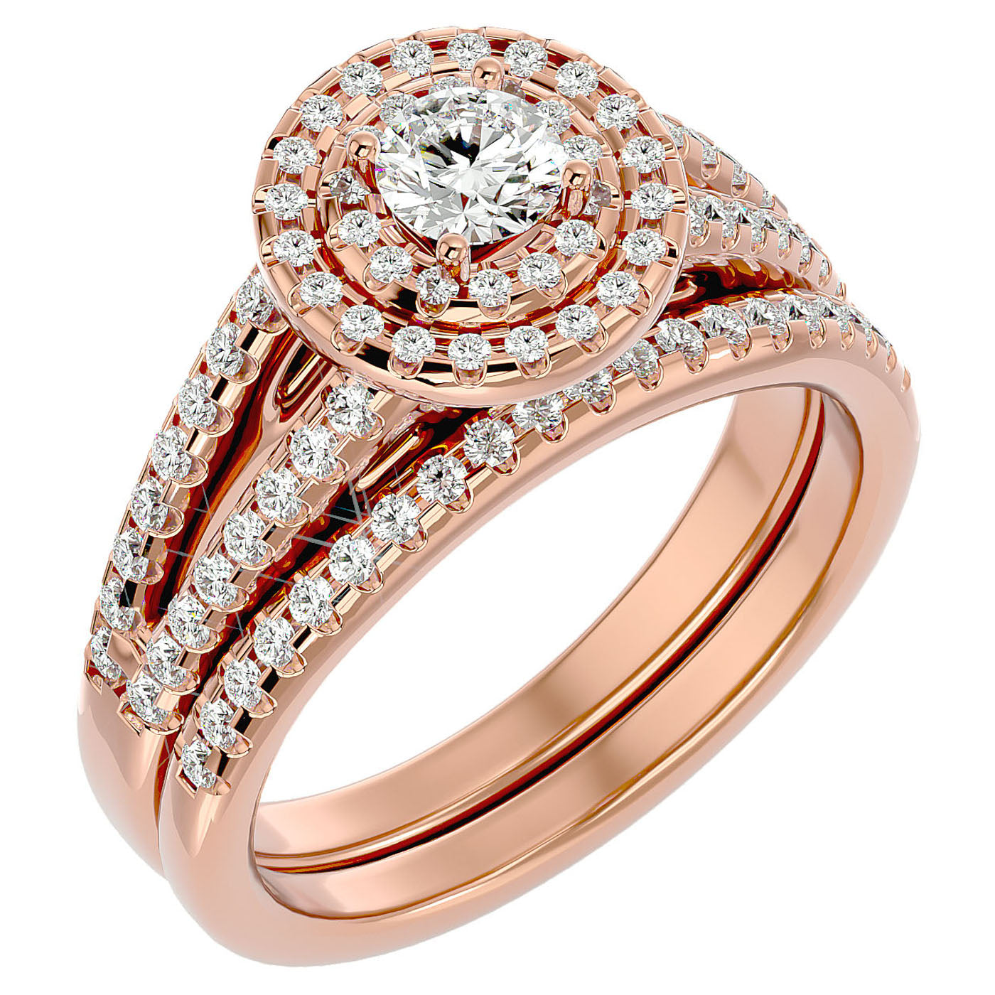 Inel de Logodnă Triplu Halo din Aur 14k cu Diamante Naturale Pavè 0.88 ct din 14k Aur Roz - Castelo.ro