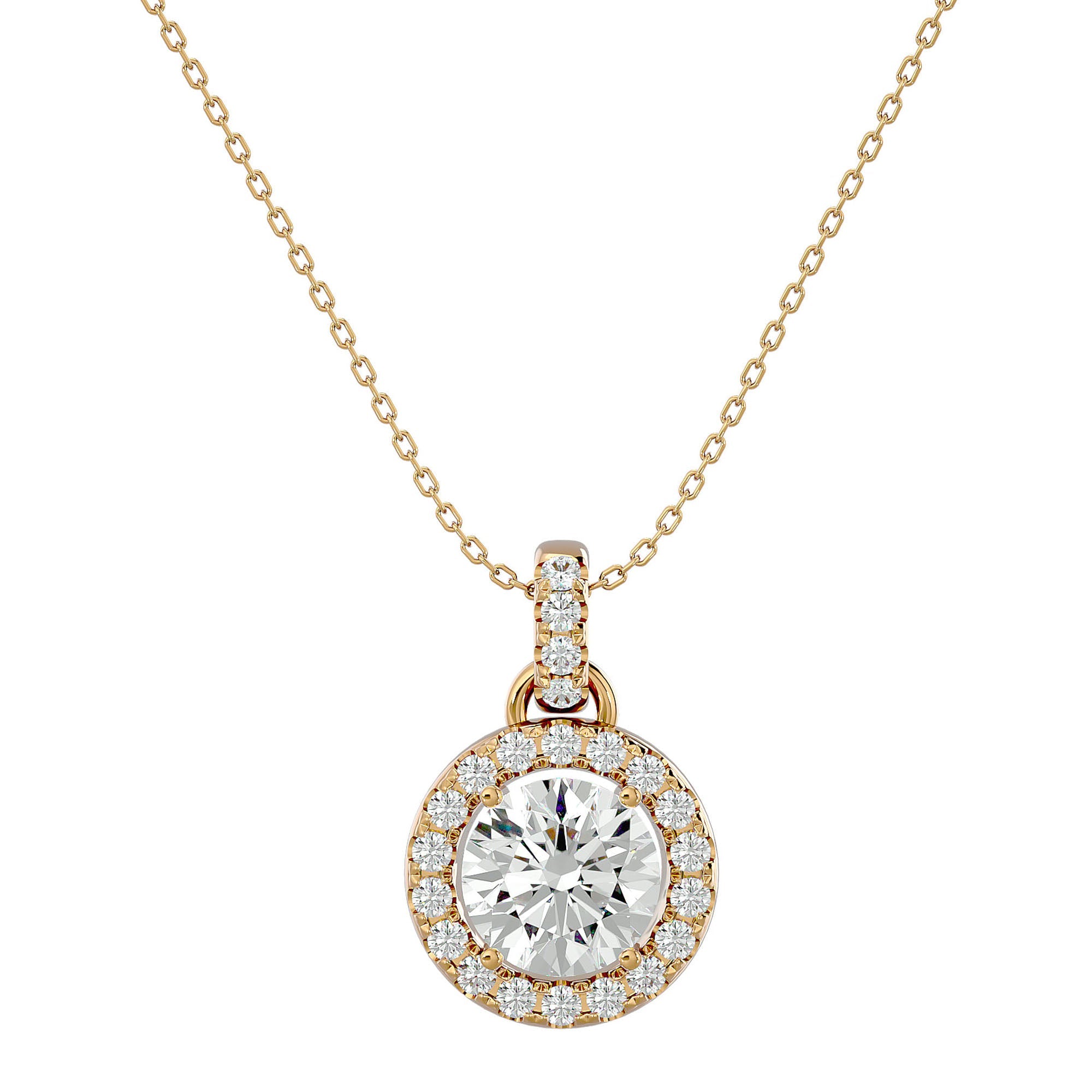 Lanț cu Pandantiv Rotund Brilliant cu Diamant Natural Halo de 1.51 ct din 18K Aur Galben - Castelo.ro