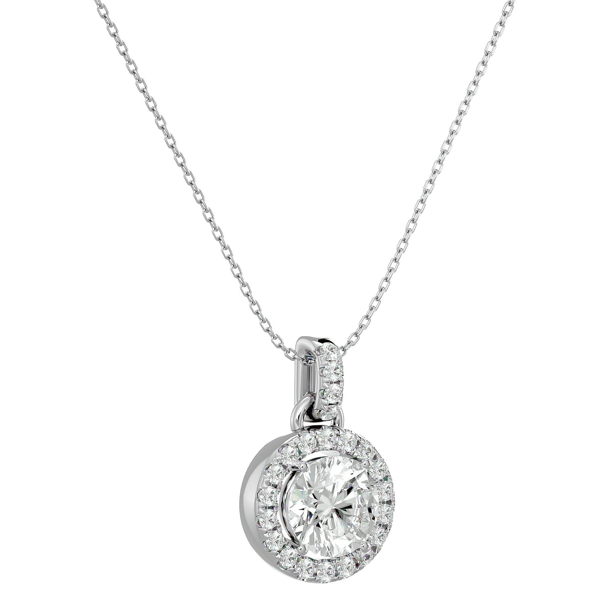 Lanț din Aur 14k cu Pandantiv Rotund Brilliant cu Diamant Create în Laborator Halo de 1.51 ct din 14K Aur Alb - Castelo.ro