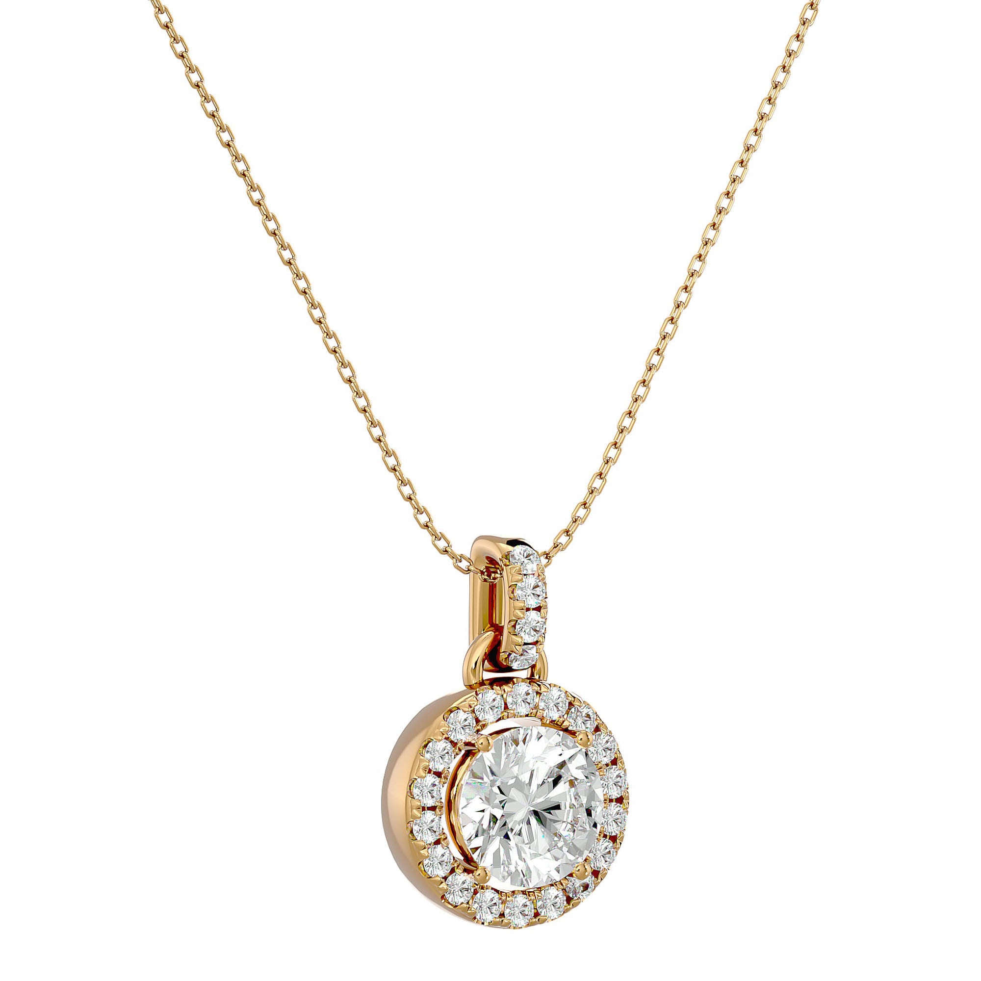 Lanț din Aur 14k cu Pandantiv Rotund Brilliant cu Diamant Natural Halo de 1.51 ct din 14K Aur Galben - Castelo.ro