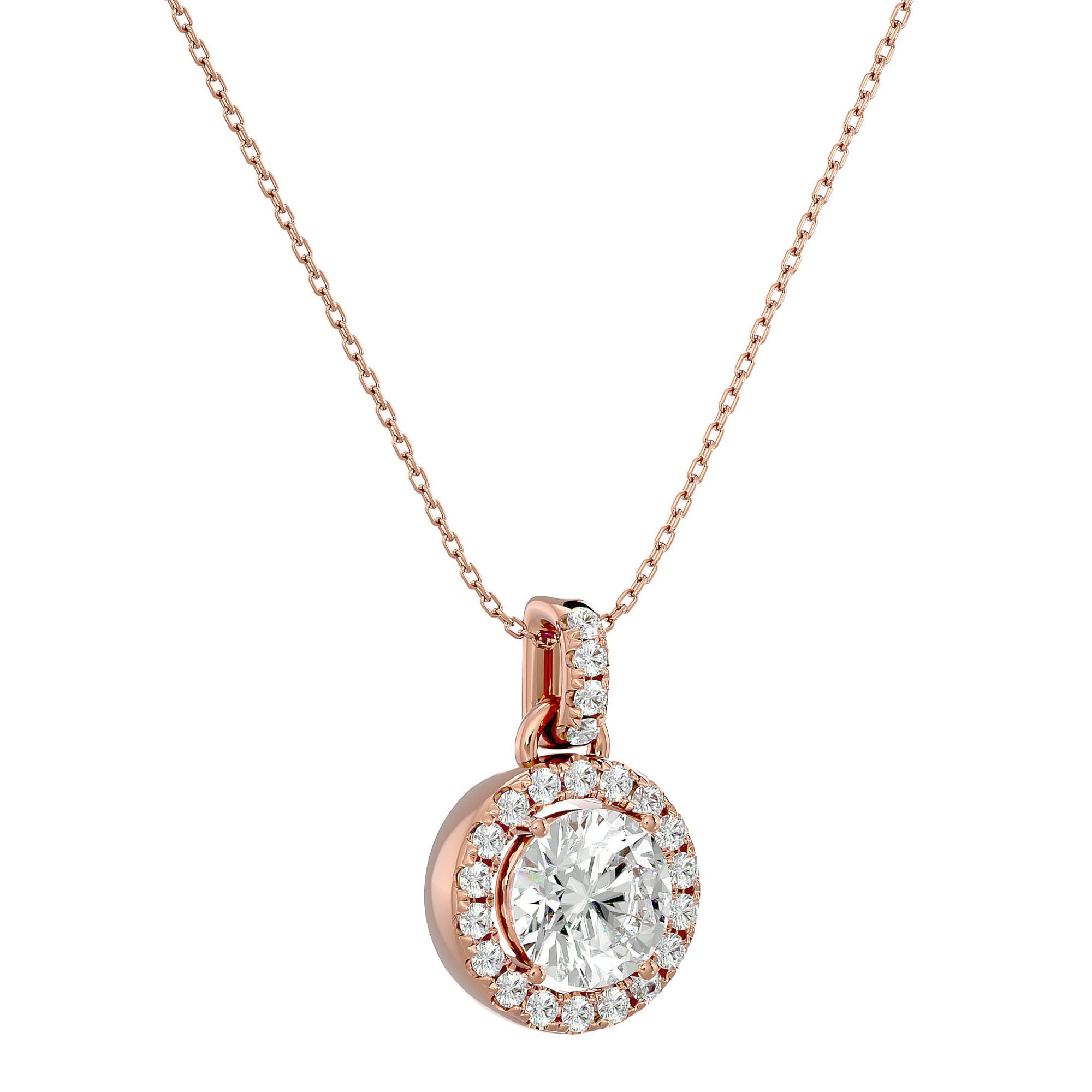 Lanț din Aur 14k cu Pandantiv Rotund Brilliant cu Diamant Natural Halo de 1.51 ct din 14K Aur Roz - Castelo.ro