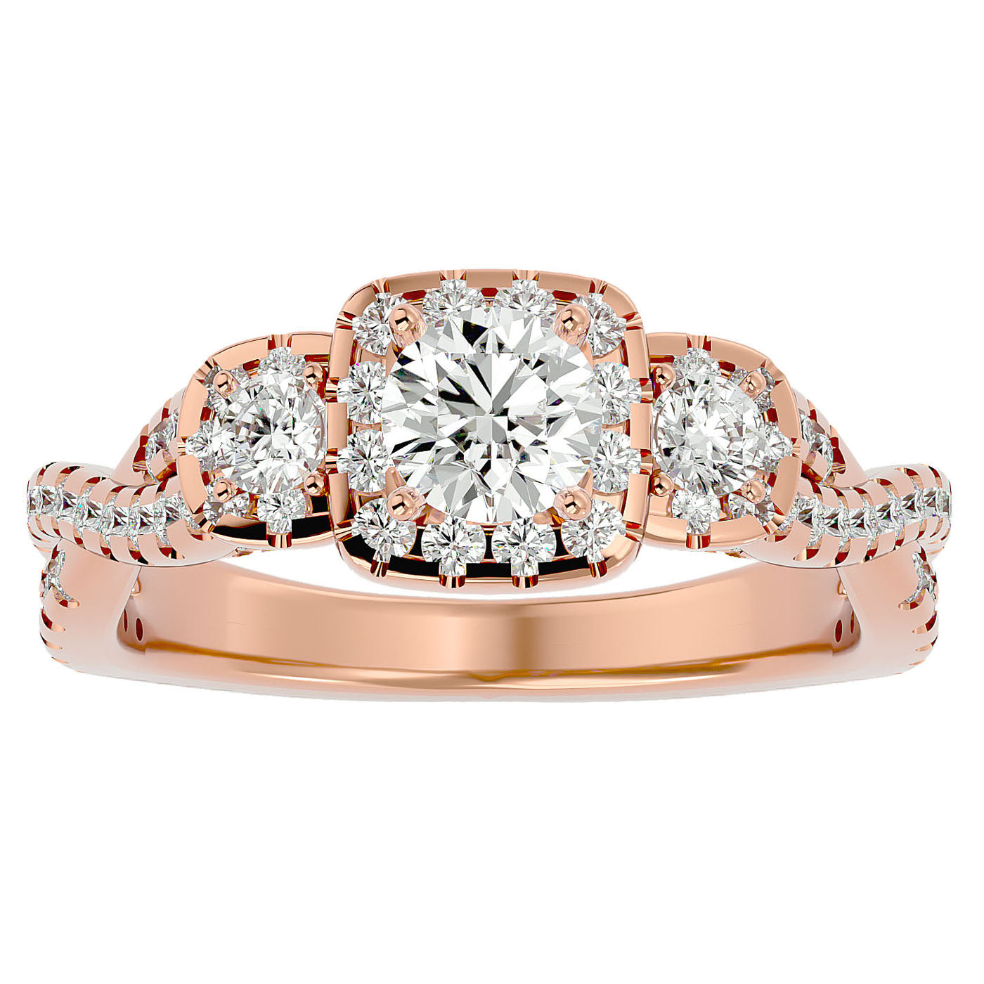 Inel de Logodnă Regal din Aur 14k cu Trei Diamante Create în Laborator Pavè de 1.35 ct din 14k Aur Roz - Castelo.ro