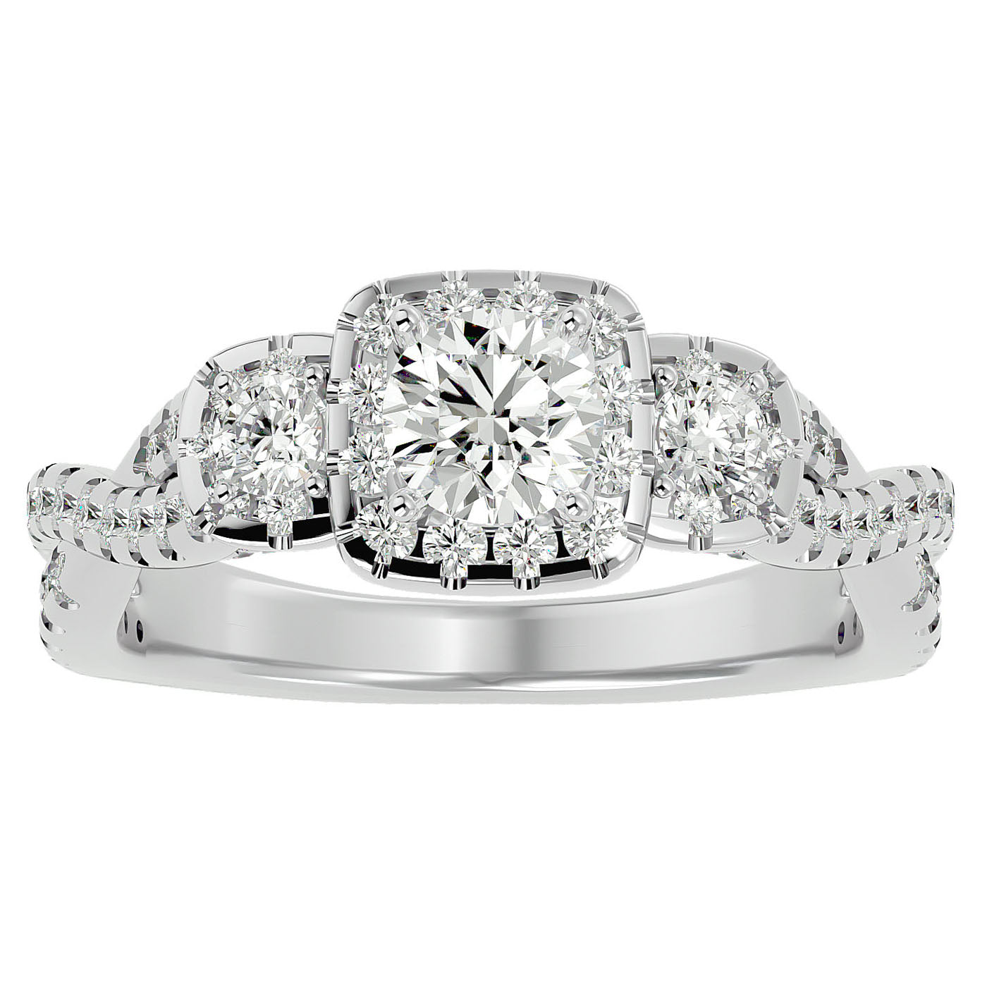 Inel de Logodnă Regal din Aur 14k cu Trei Diamante Create în Laborator Pavè de 1.35 ct din 14k Aur Alb - Castelo.ro