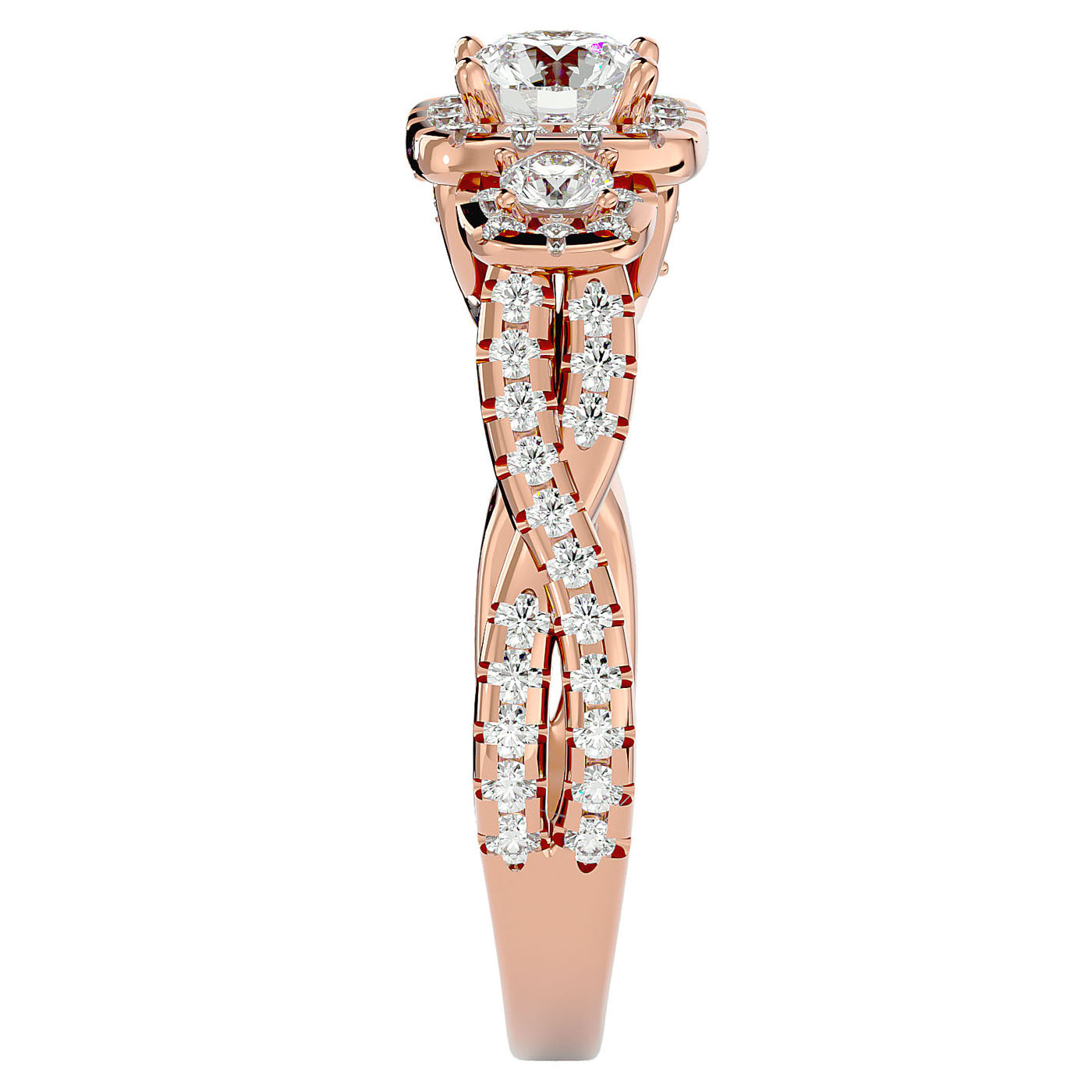 Inel de Logodnă Regal din Aur 14k cu Trei Diamante Create în Laborator Pavè de 1.35 ct din 14k Aur Roz - Castelo.ro