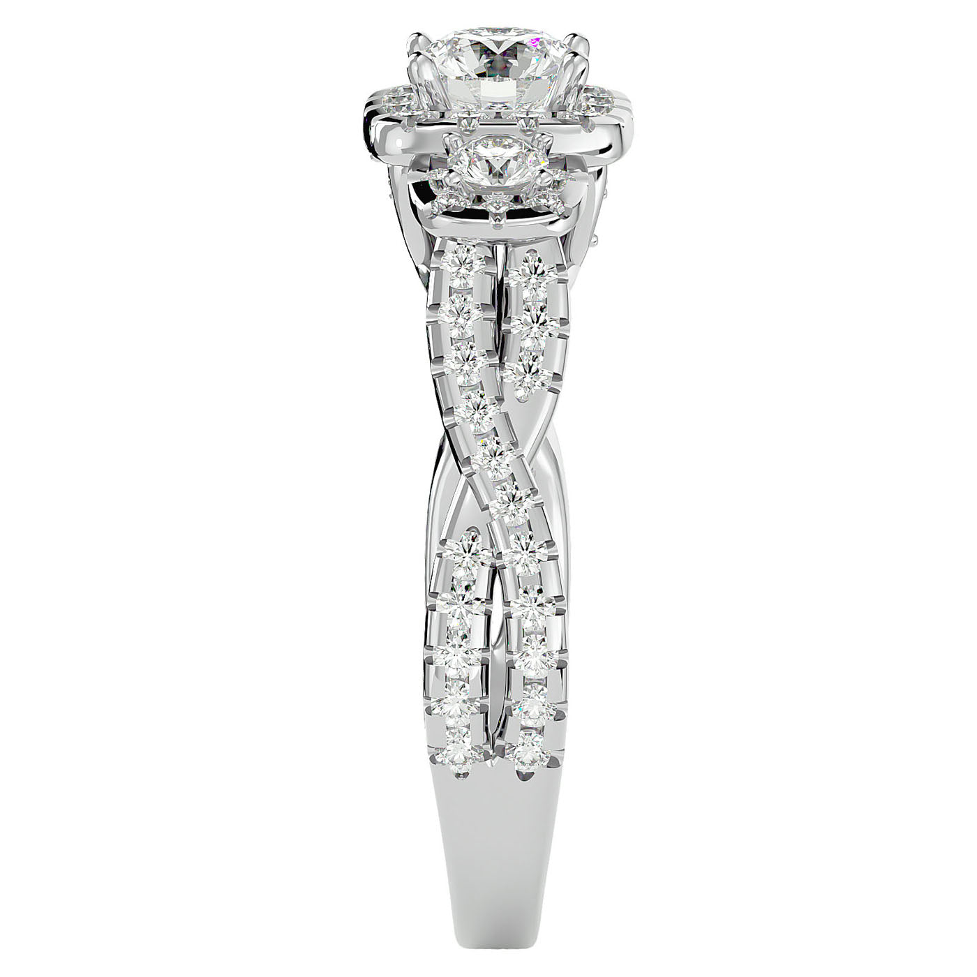 Inel de Logodnă Regal din Aur 14k cu Trei Diamante Create în Laborator Pavè de 1.35 ct din 14k Aur Alb - Castelo.ro