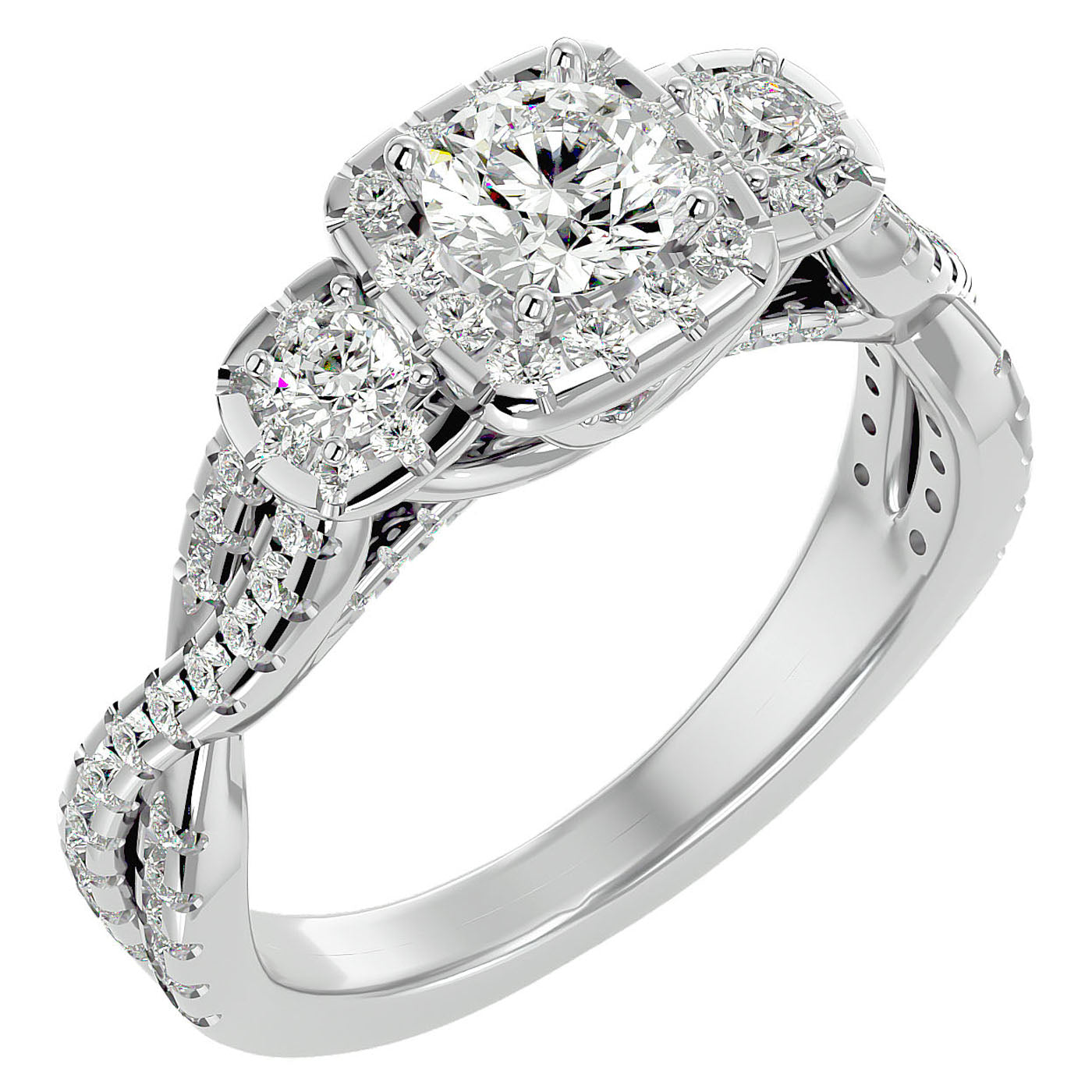 Inel de Logodnă Regal din Aur 14k cu Trei Diamante Create în Laborator Pavè de 1.35 ct din 14k Aur Alb - Castelo.ro