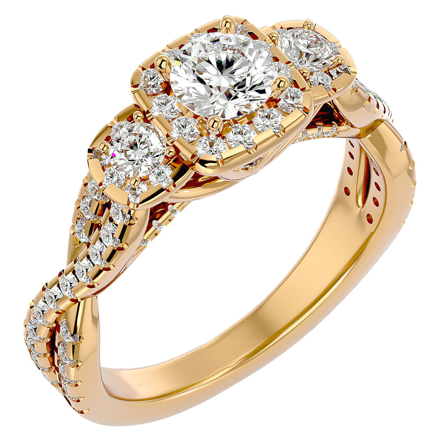 Inel de Logodnă Regal din Aur 14k cu Trei Diamante Create în Laborator Pavè de 1.35 ct din 14k Aur Galben - Castelo.ro