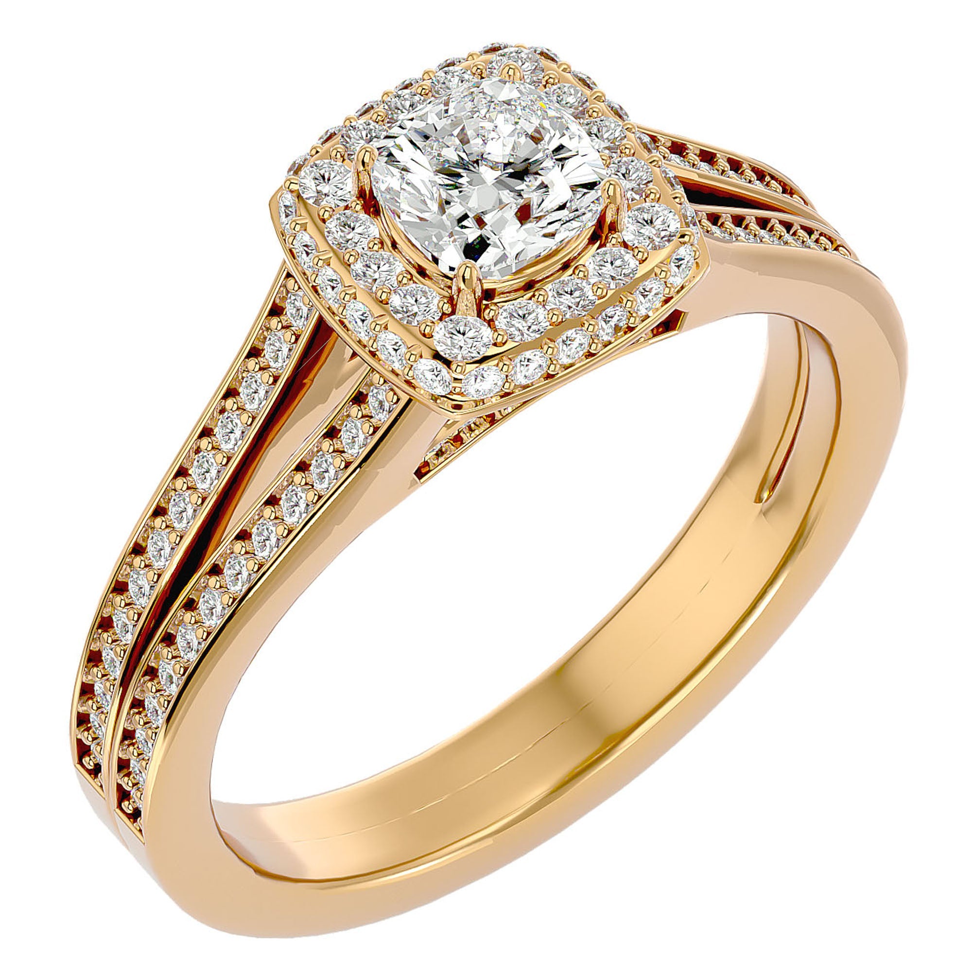 Inel de Logodnă Duo Halo Pavé din Aur 14k cu Diamante Naturale de 1.01 ct din 14k Aur Galben - Castelo.ro