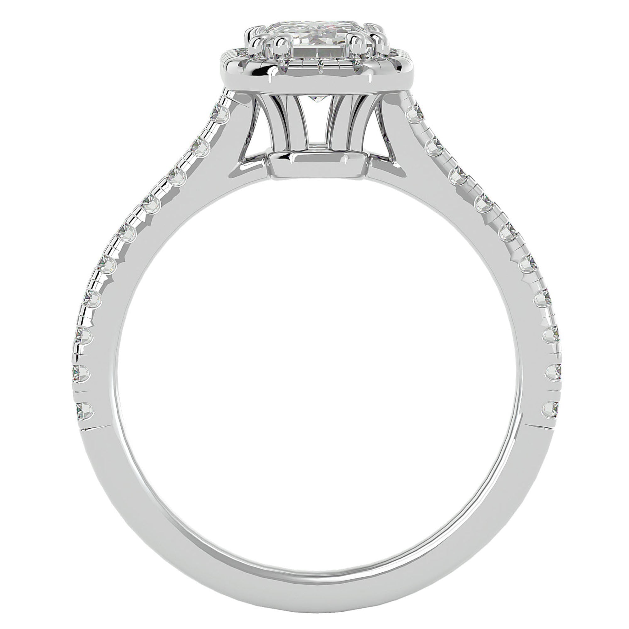 Inel Tăietură Smarald si Cadru Halo din Aur 14k cu Moissanite de 1.48 ct din 14k Aur Alb - Castelo.ro