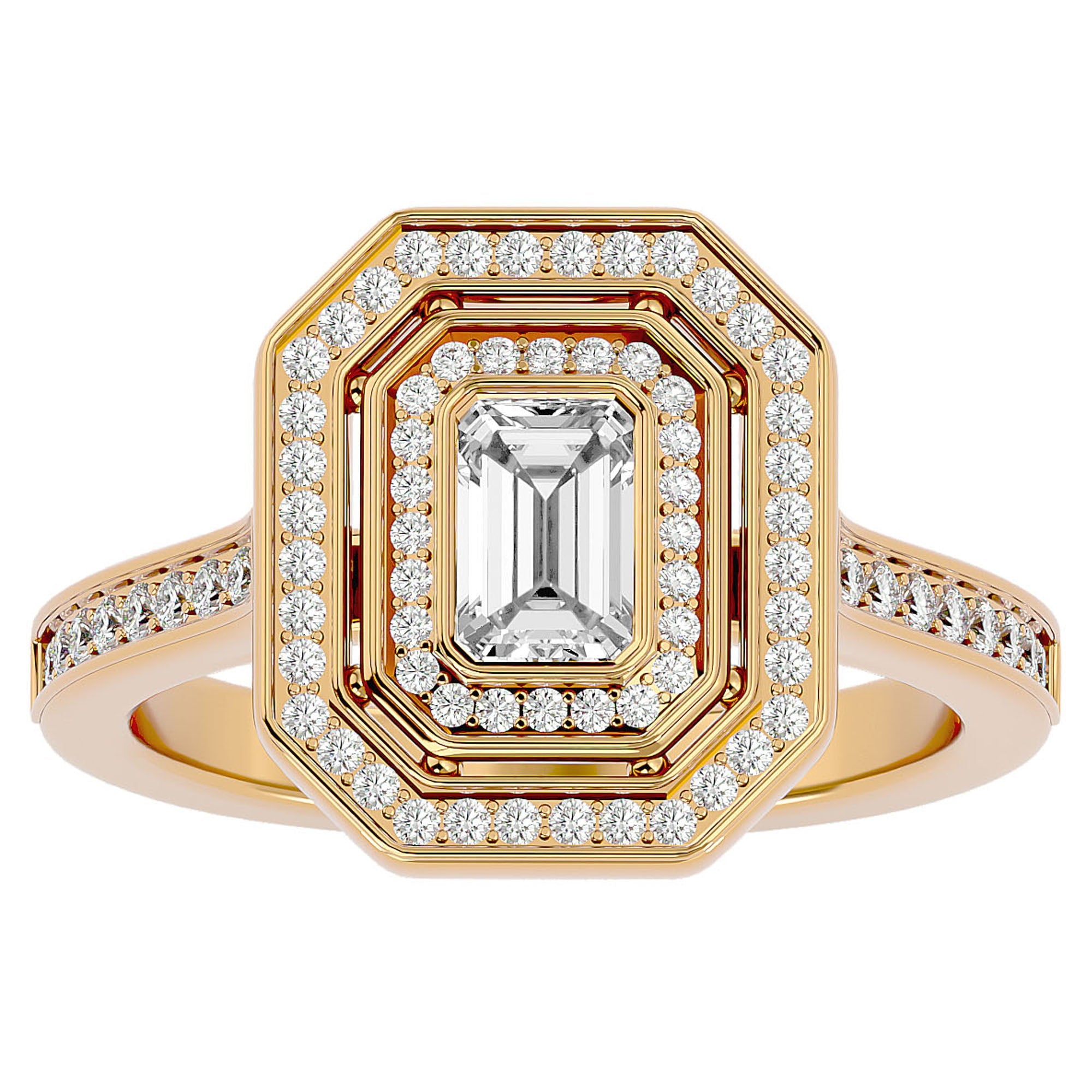 Inel Tăietură Smarald si Cadru Halo cu Diamante Create în Laborator de 0.91 ct din 18k Aur Galben - Castelo.ro
