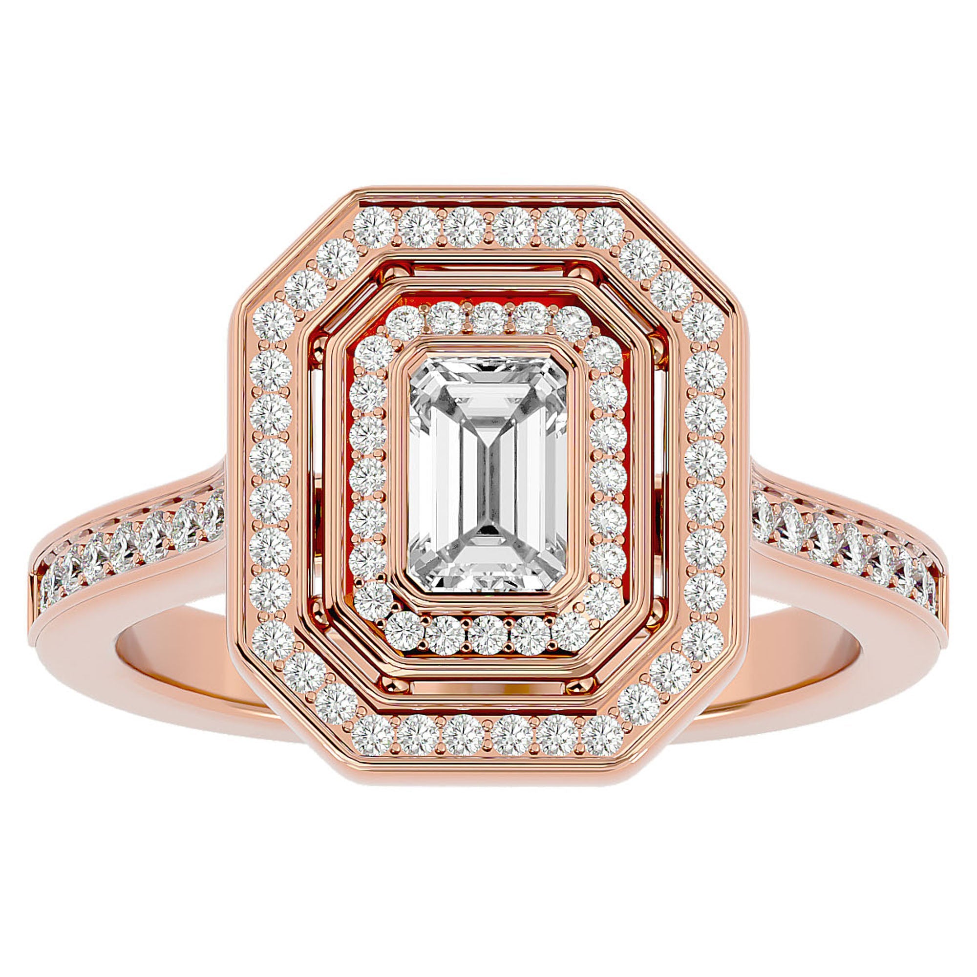 Inel Tăietură Smarald si Cadru Halo cu Diamante Naturale de 0.91 ct din 18k Aur Roz - Castelo.ro