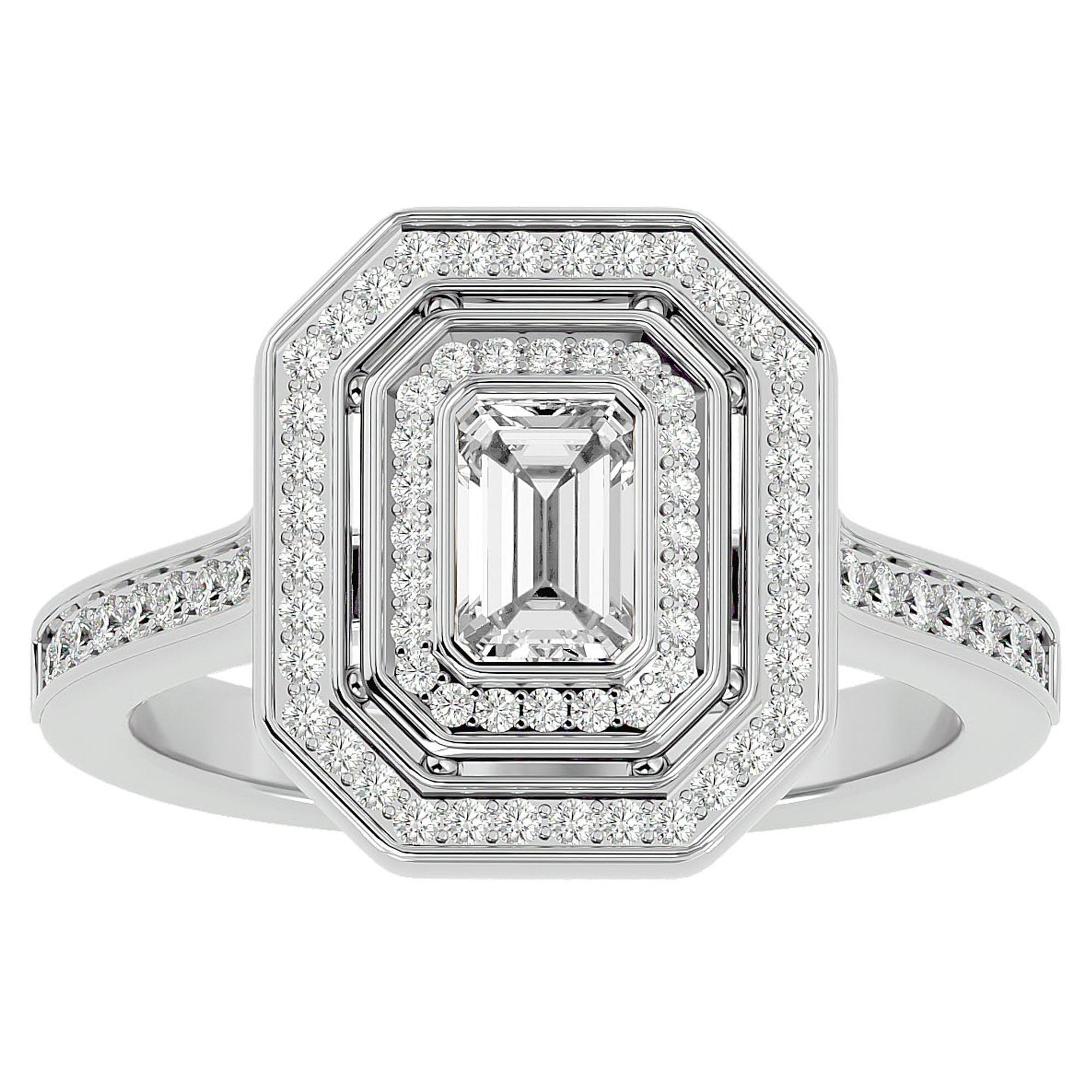 Inel Tăietură Smarald si Cadru Halo din Aur 14k cu Diamante Create în Laborator de 0.91 ct din 14k Aur Alb - Castelo.ro