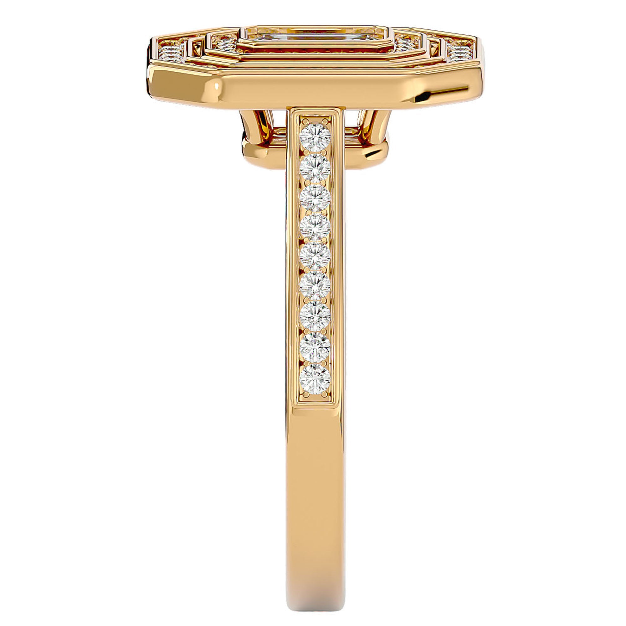 Inel Tăietură Smarald si Cadru Halo cu Diamante Naturale de 0.91 ct din 18k Aur Galben - Castelo.ro