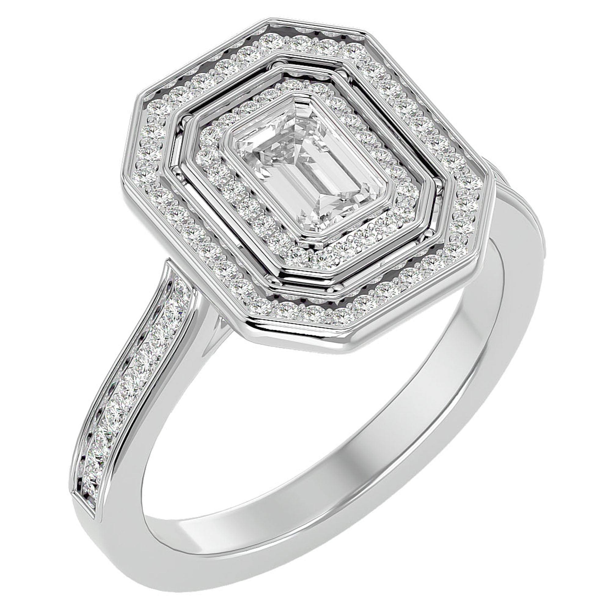 Inel Tăietură Smarald si Cadru Halo cu Diamante Naturale de 0.91 ct din Platina - Castelo.ro